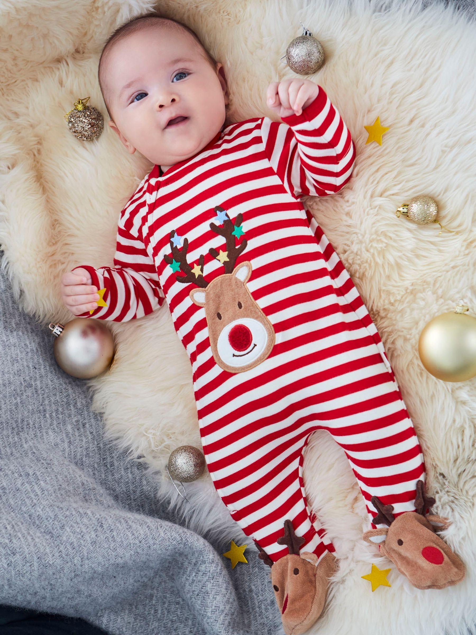 Red Stripe Reindeer Appliqué Cotton Baby Sleepsuit - Image 1 of 7