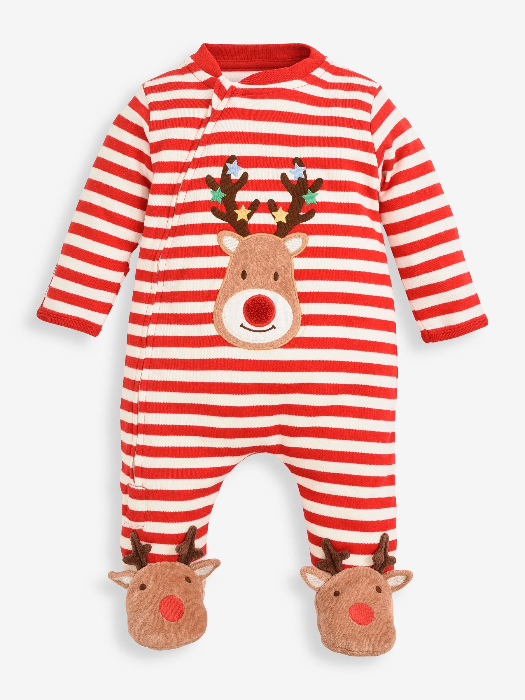 Red Stripe Reindeer Appliqué Cotton Baby Sleepsuit - Image 3 of 7