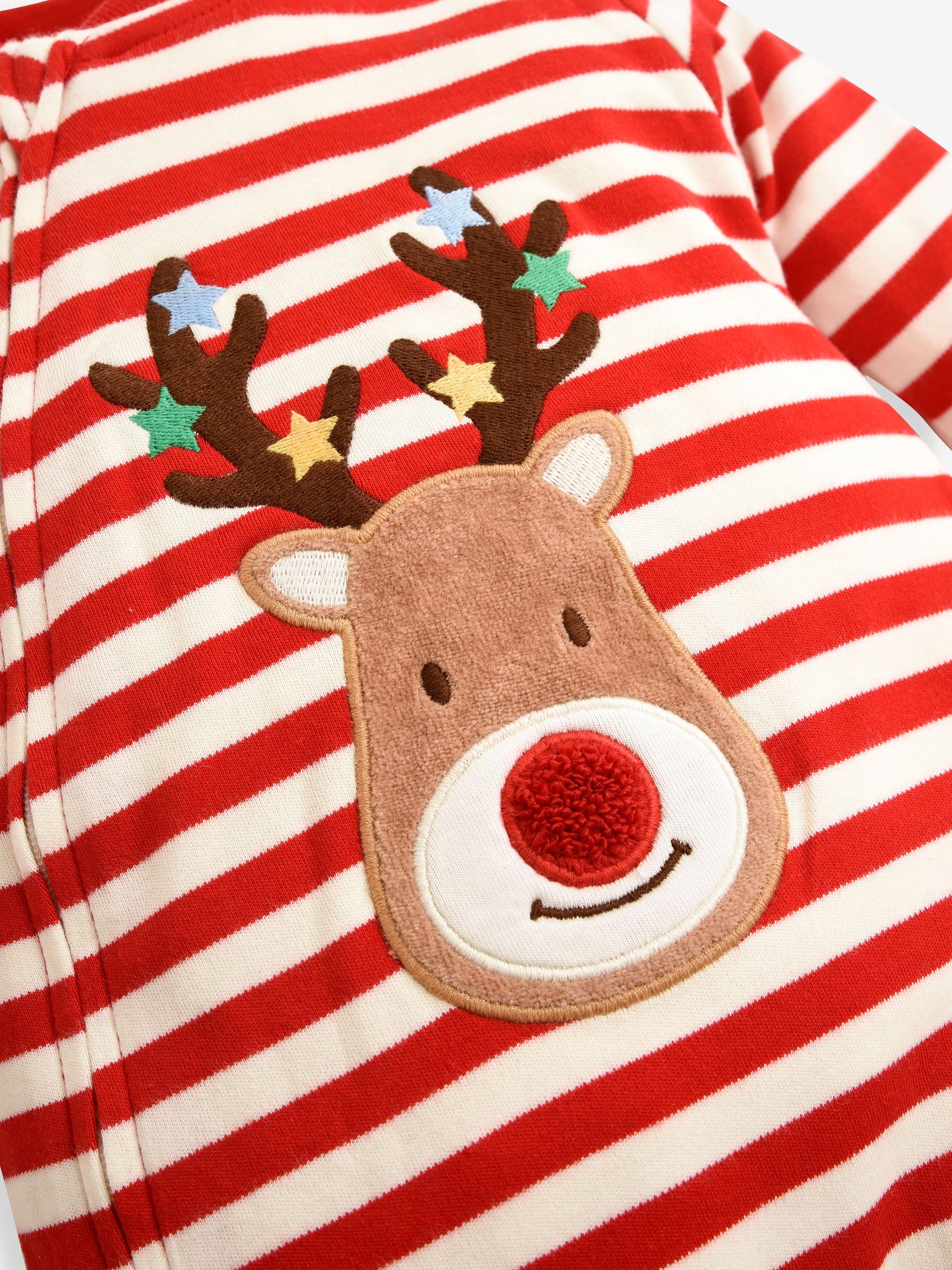 Red Stripe Reindeer Appliqué Cotton Baby Sleepsuit - Image 7 of 7