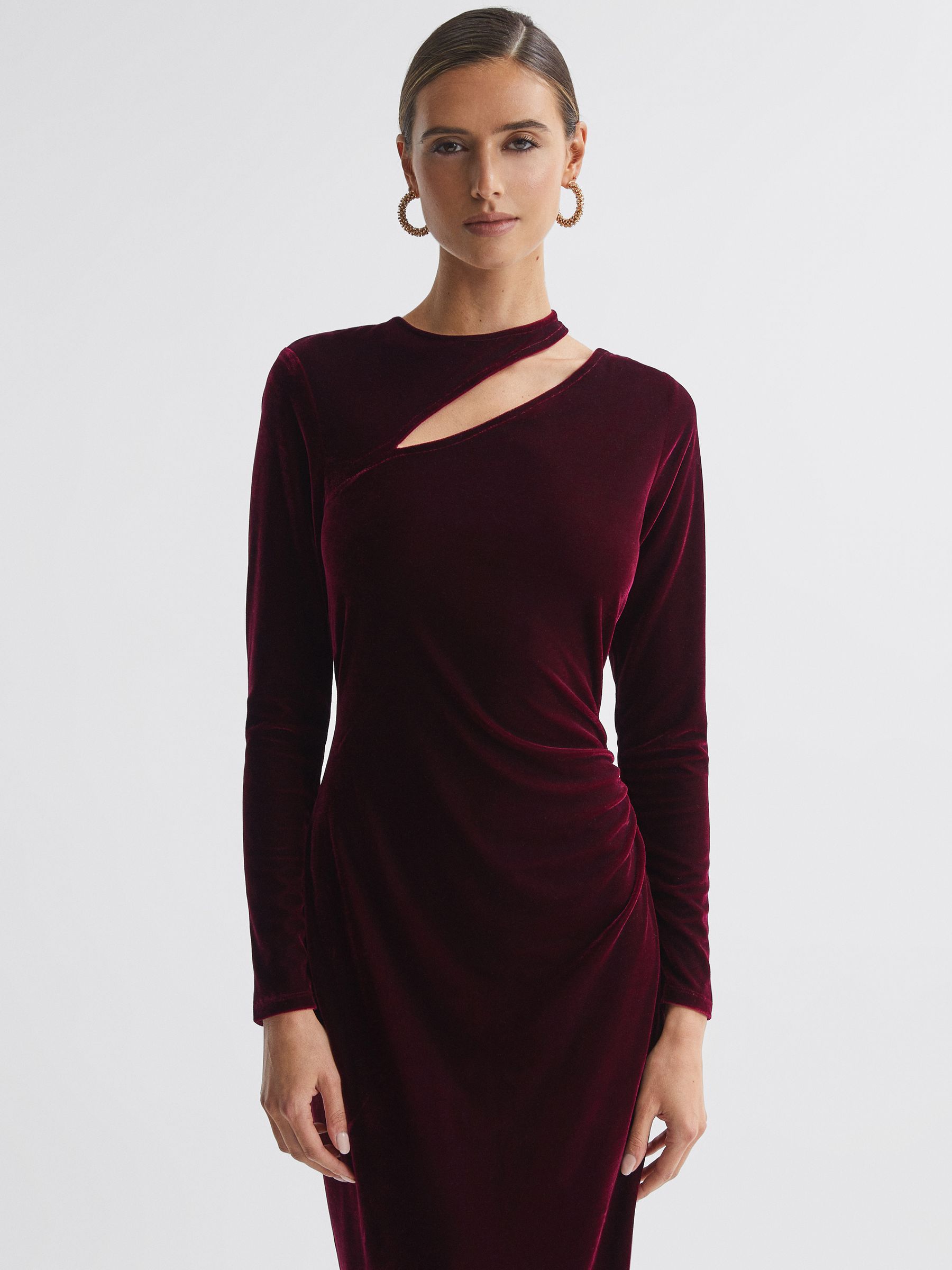Petite Velvet Cut-Out Midi Dress in Berry - Image 1 of 5