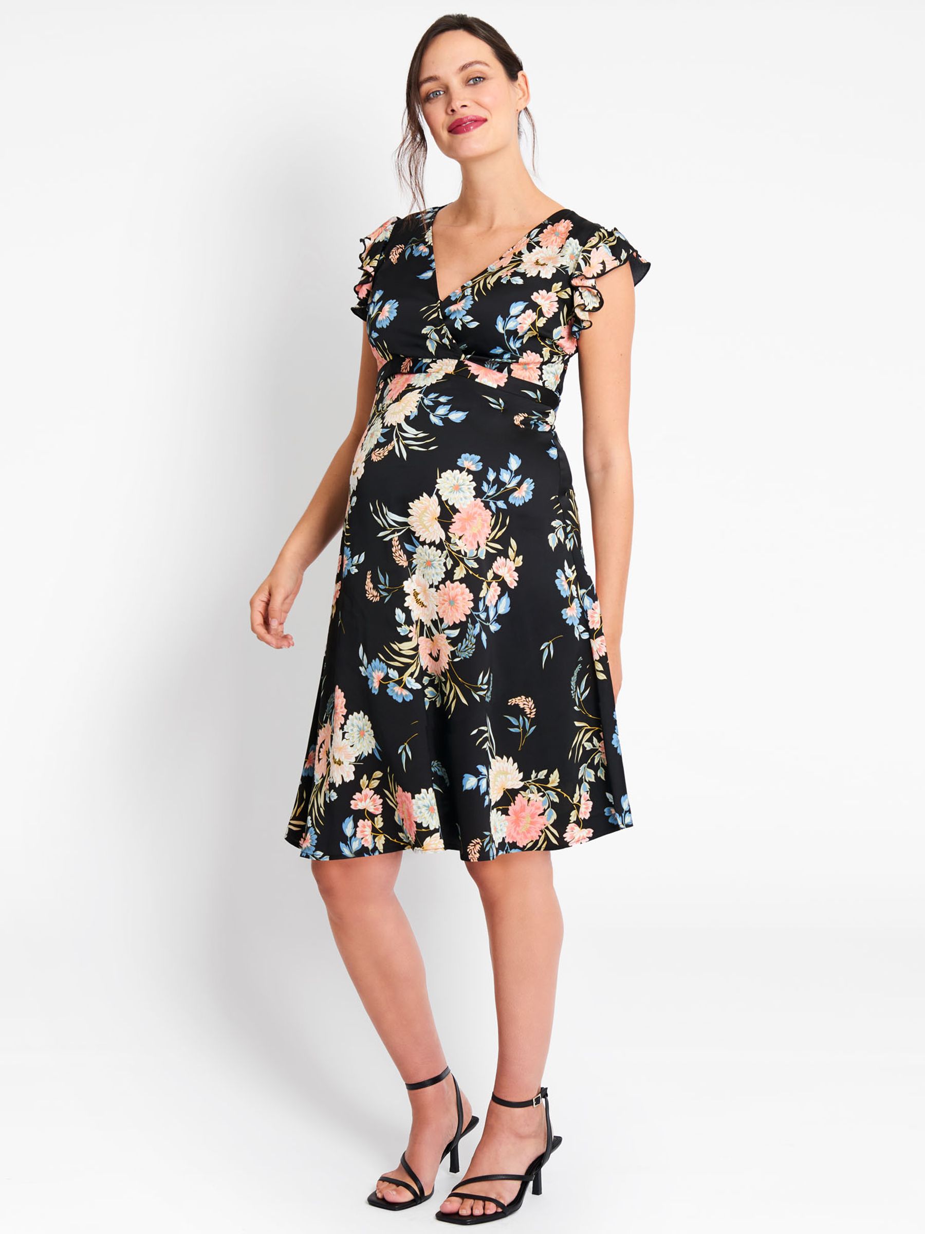 Black Floral Flutter Sleeve Maternity & Nursing Dress - Image 1 of 3