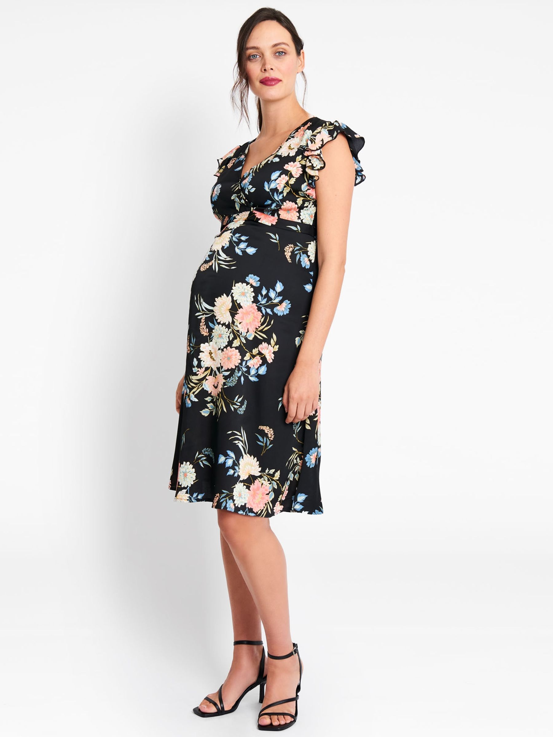 Black Floral Flutter Sleeve Maternity & Nursing Dress - Image 2 of 3