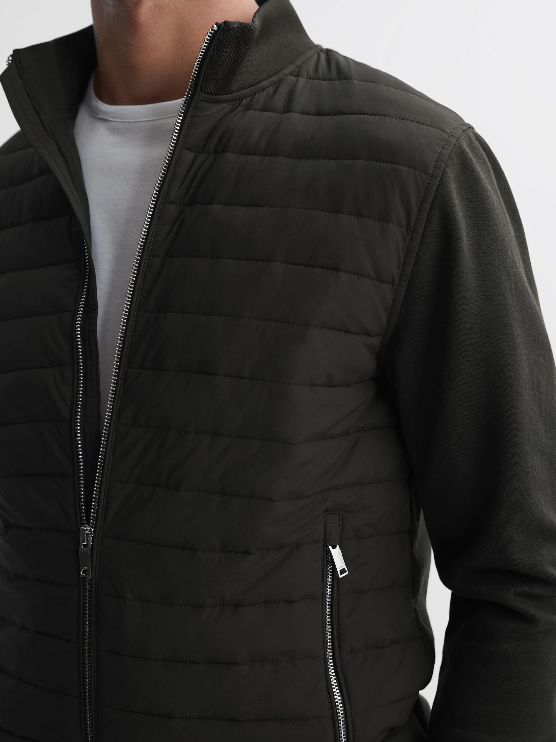 Hybrid Quilt and Knit Zip-Through Jacket in Forest Green - Image 3 of 5