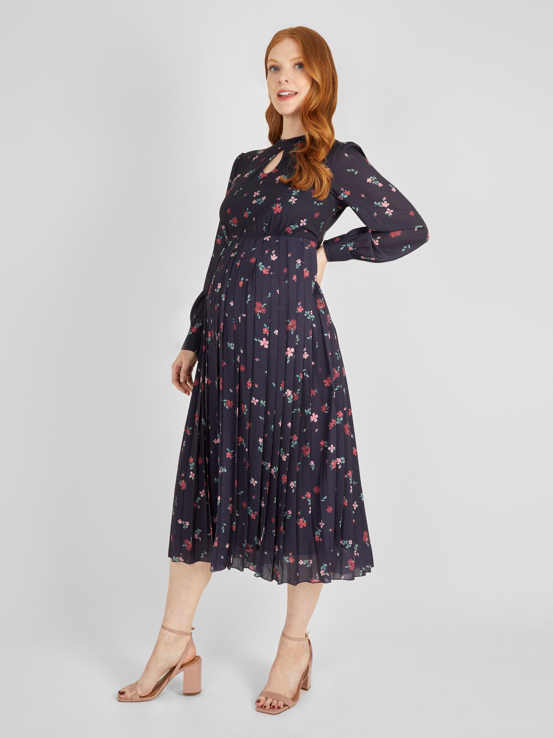 Navy Floral Pleated Maternity Dress - Image 1 of 4