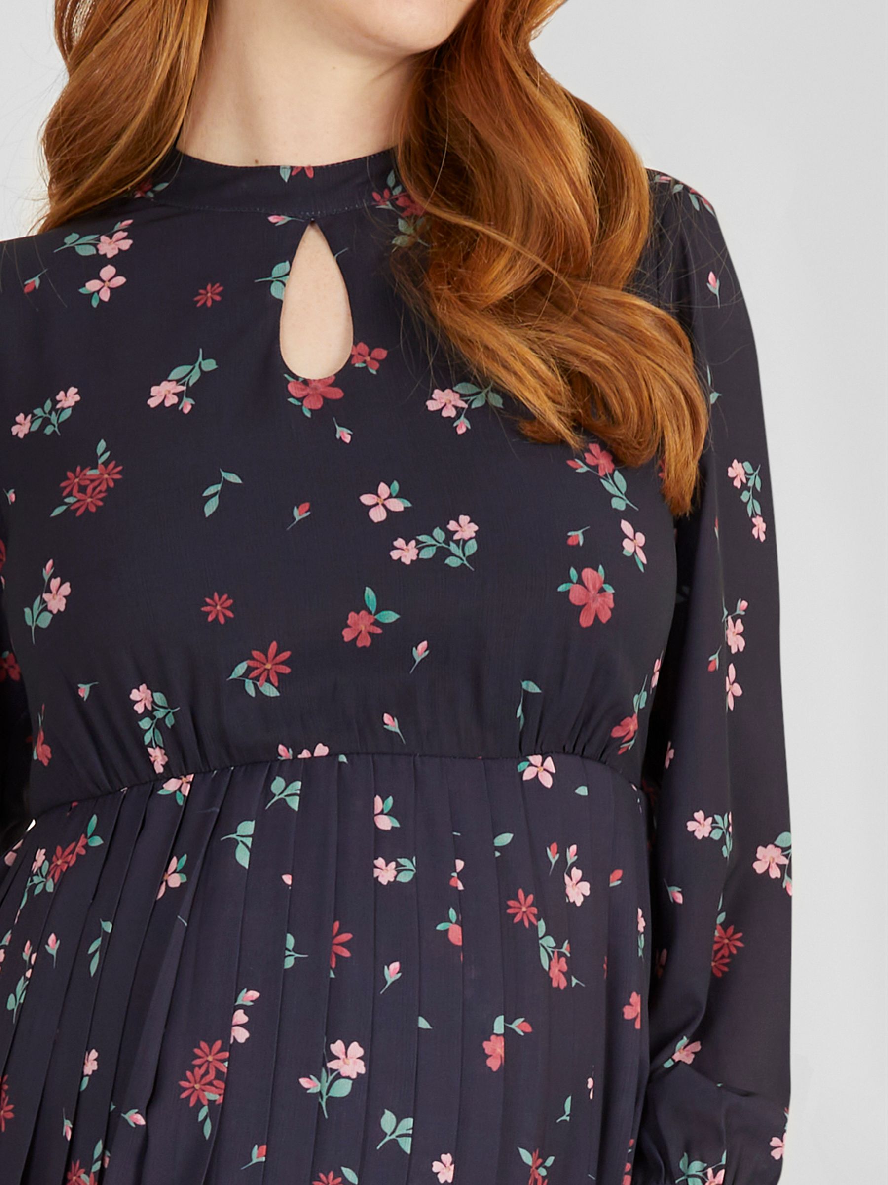 Navy Floral Pleated Maternity Dress - Image 3 of 4