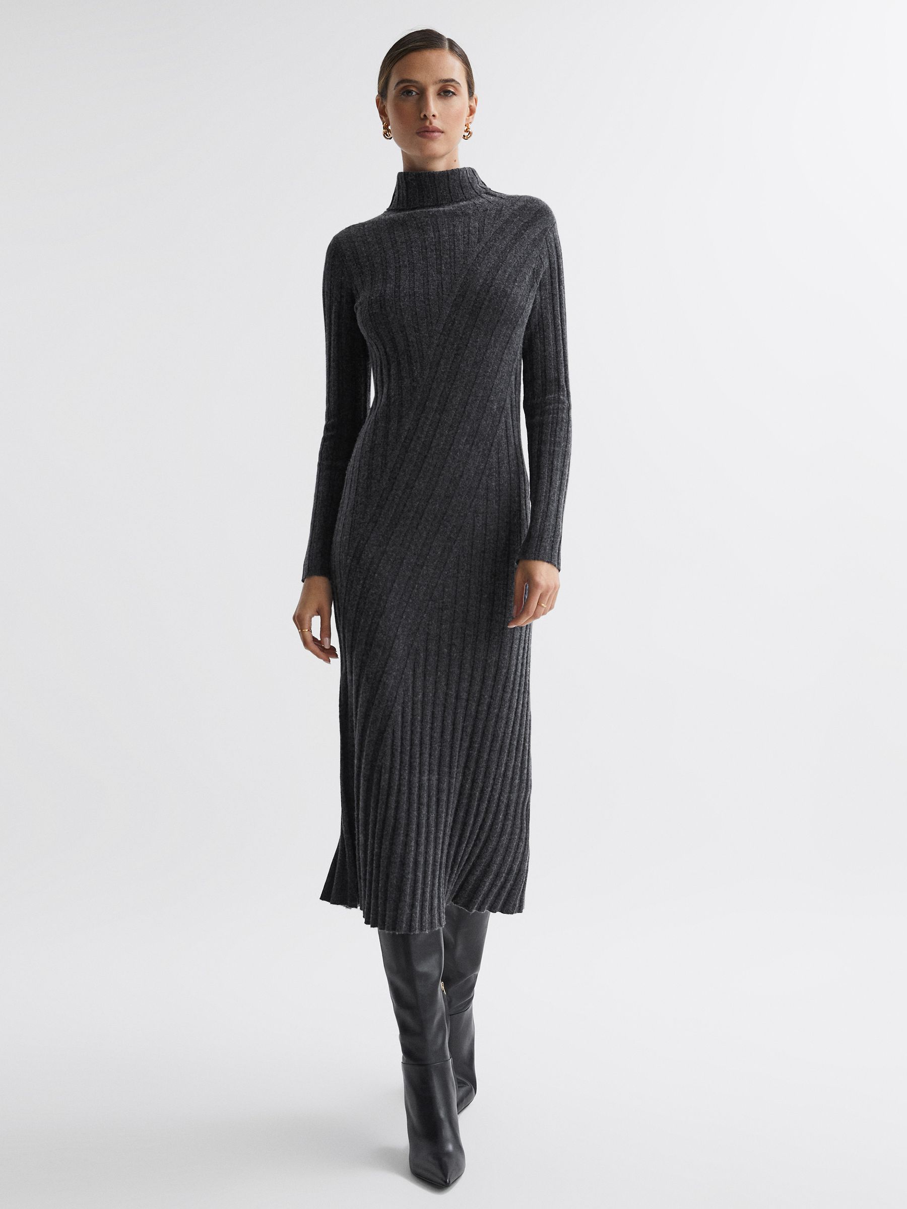 Knitted Roll Neck Midi Dress in Charcoal - Image 1 of 6
