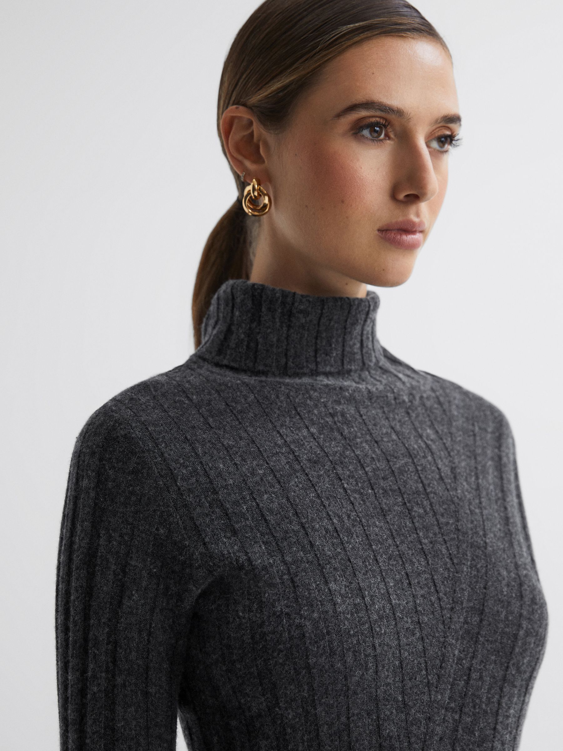 Knitted Roll Neck Midi Dress in Charcoal - Image 4 of 6