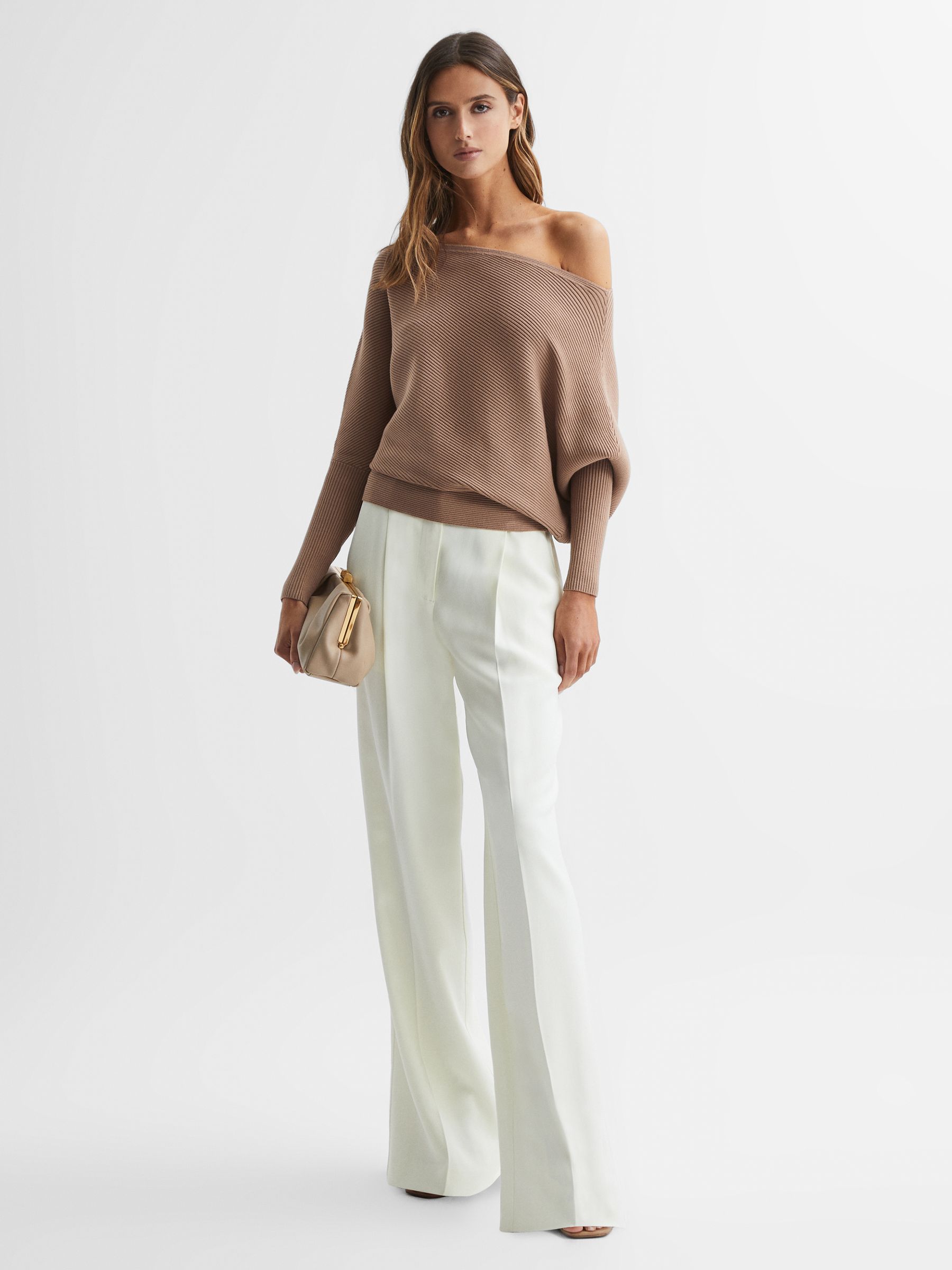 Reiss Lorna Camel Asymmetric Drape Knitted Top - REISS