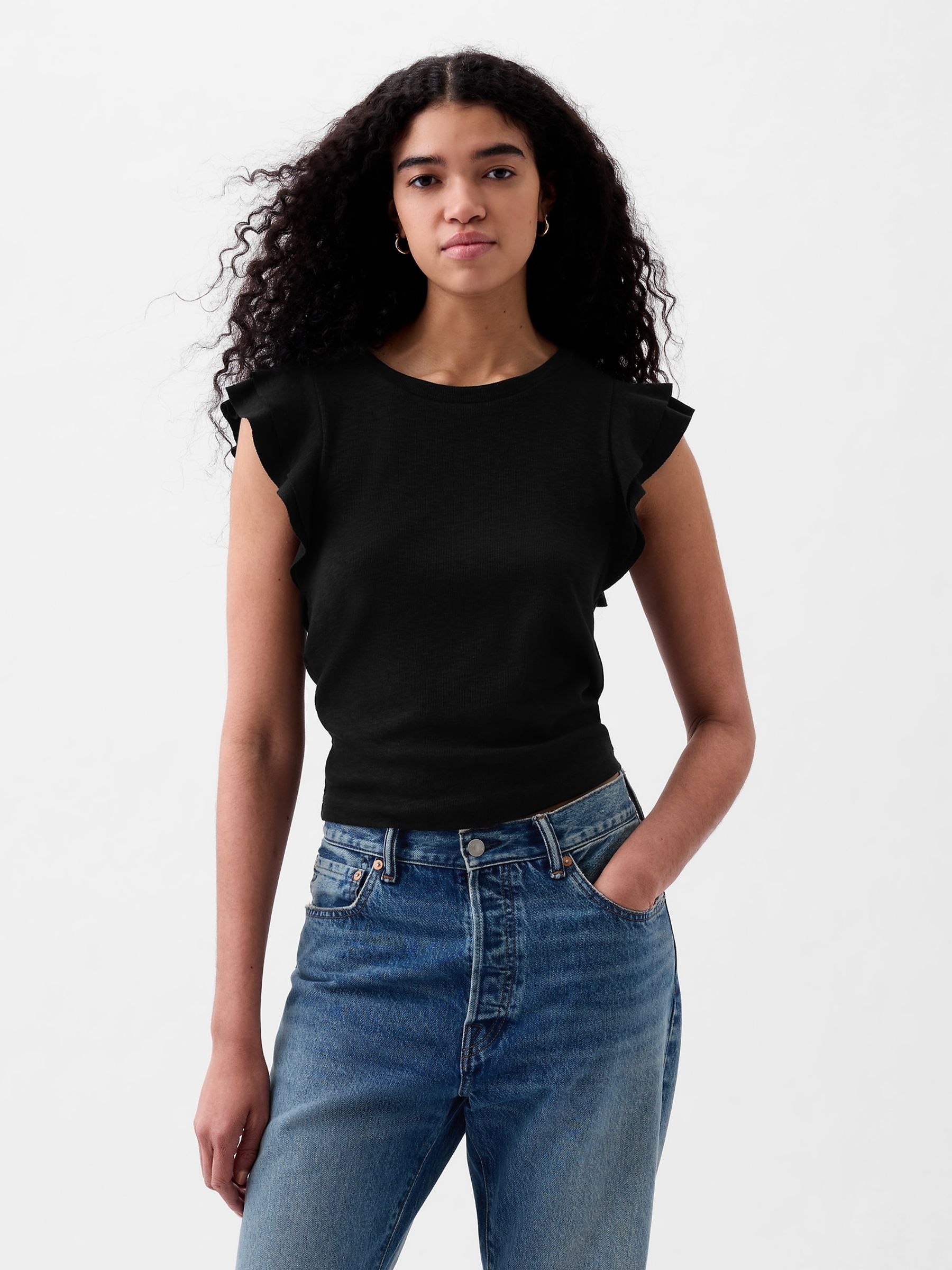 Black Essential Ribbed Flutter Sleeve Crew Neck T-Shirt - Image 1 of 1