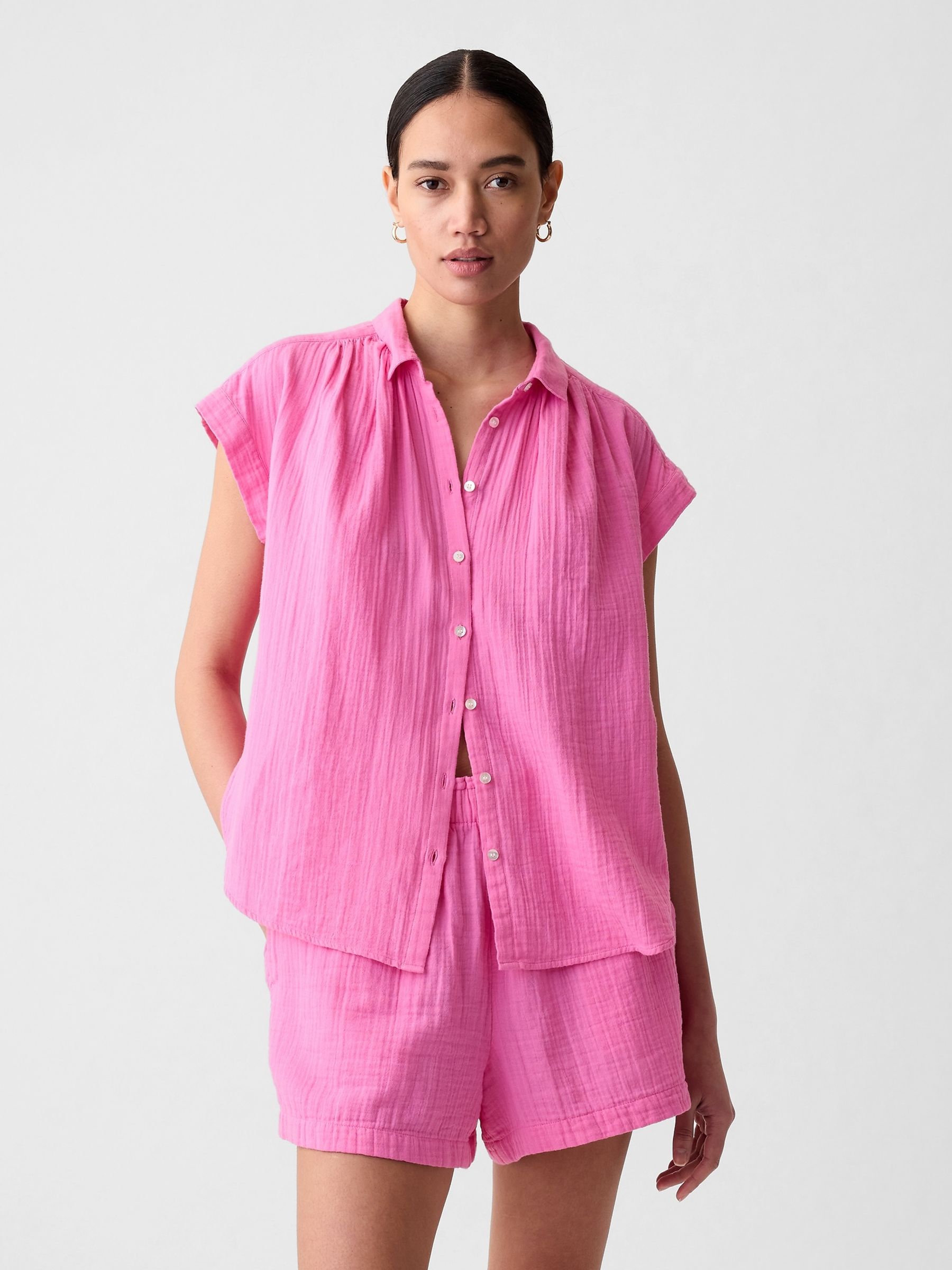 Pink Crinkle Cotton Short Sleeve Shirt - Image 1 of 3