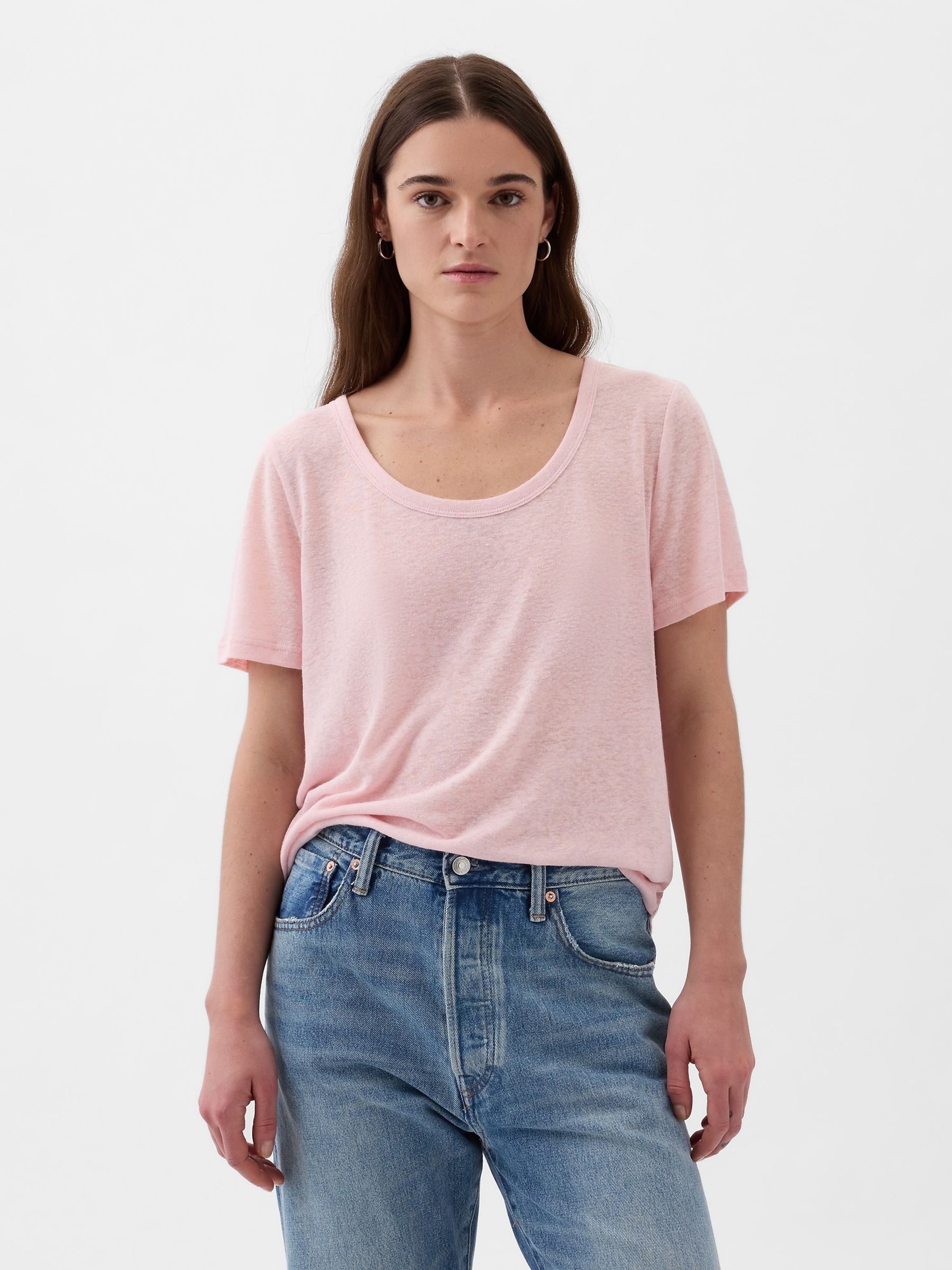Pink Linen Blend Short Sleeve Scoop Neck T-Shirt - Image 1 of 3