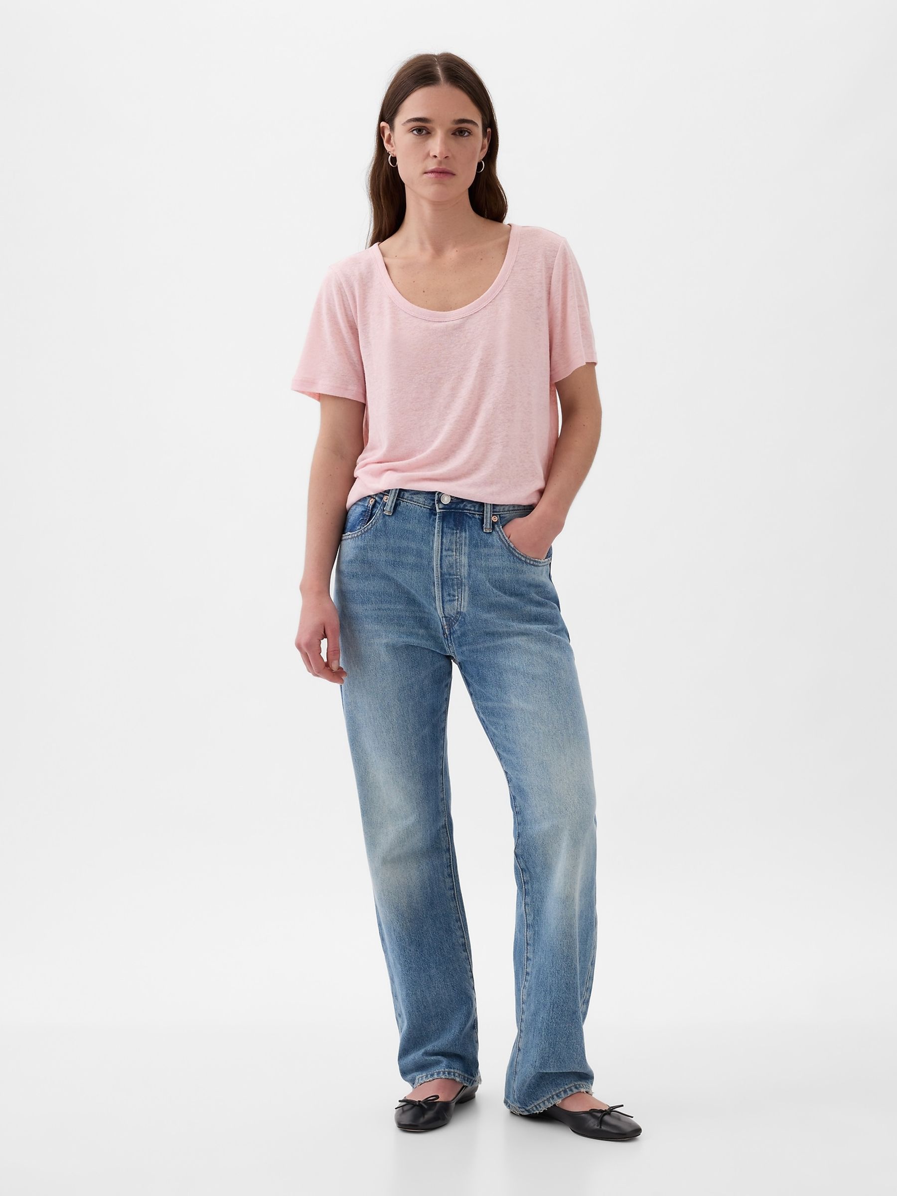 Pink Linen Blend Short Sleeve Scoop Neck T-Shirt - Image 3 of 3