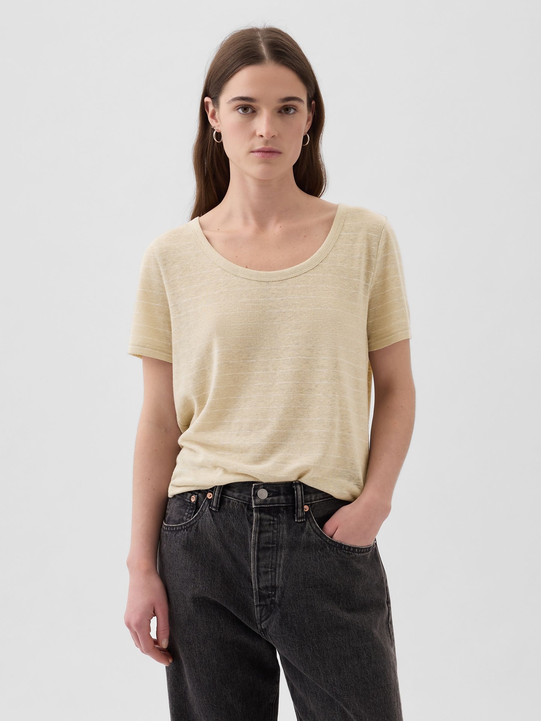 Neutral Linen Blend Short Sleeve Scoop Neck T-Shirt - Image 1 of 3