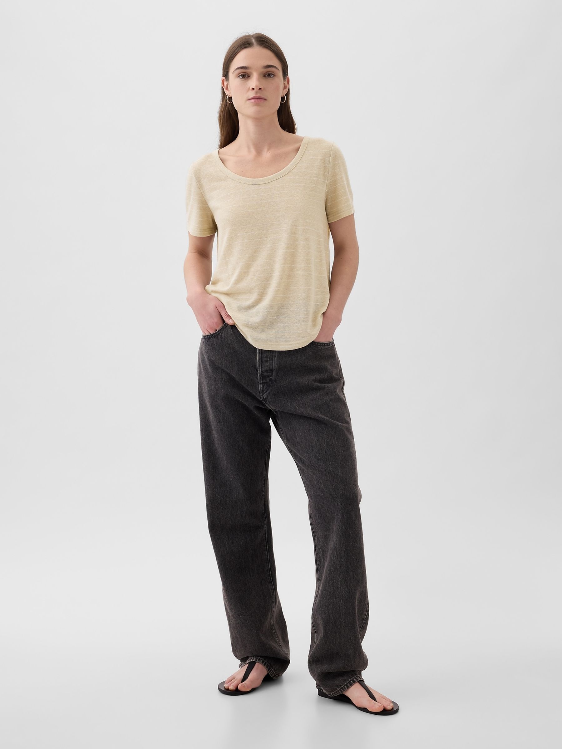 Neutral Linen Blend Short Sleeve Scoop Neck T-Shirt - Image 3 of 3