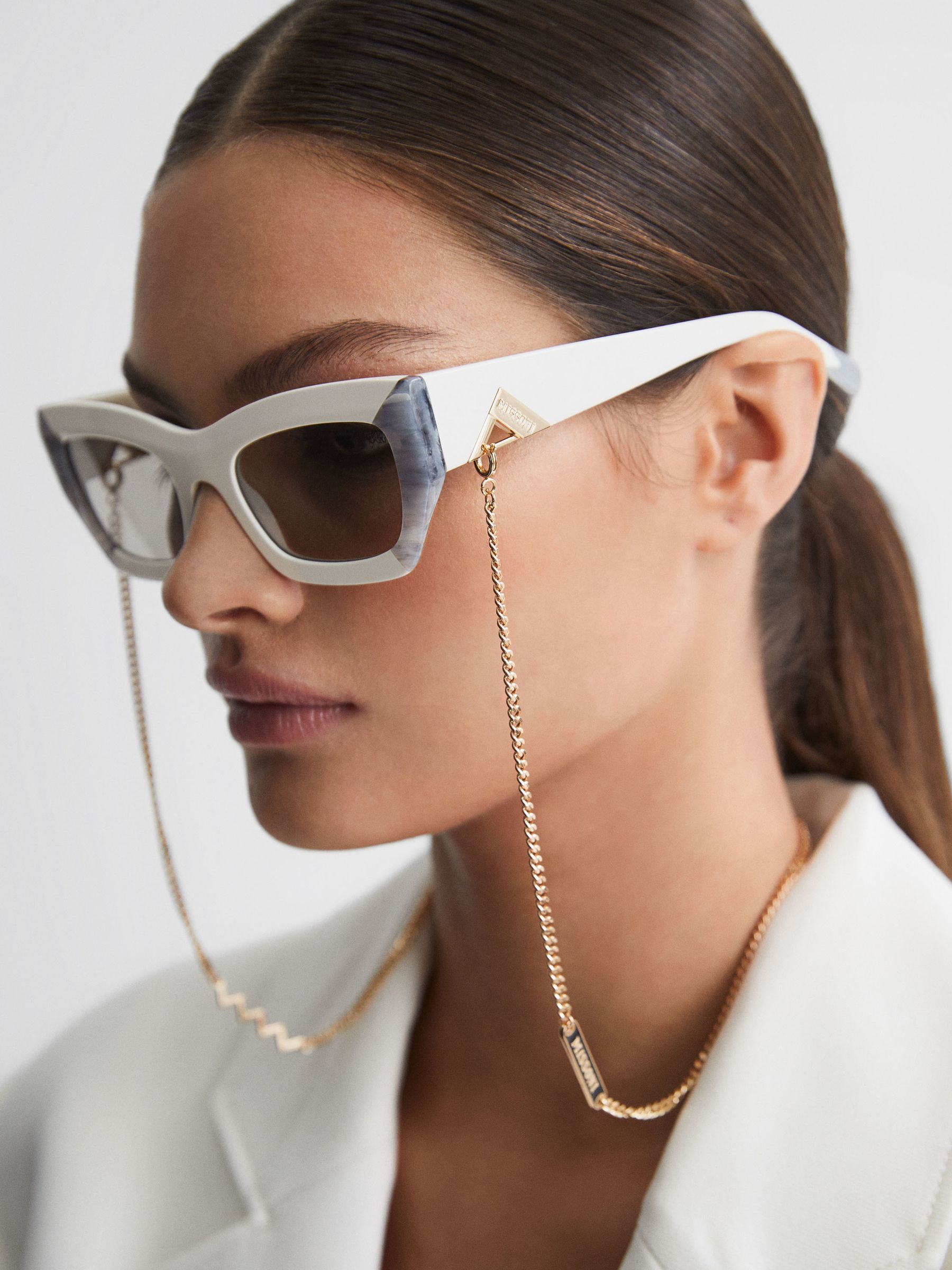 Missoni Eyewear Cat Eye Chain Sunglasses in White - Image 2 of 5 Missoni Eyewear Cat Eye Chain Sunglasses in White - Image 2 of 5