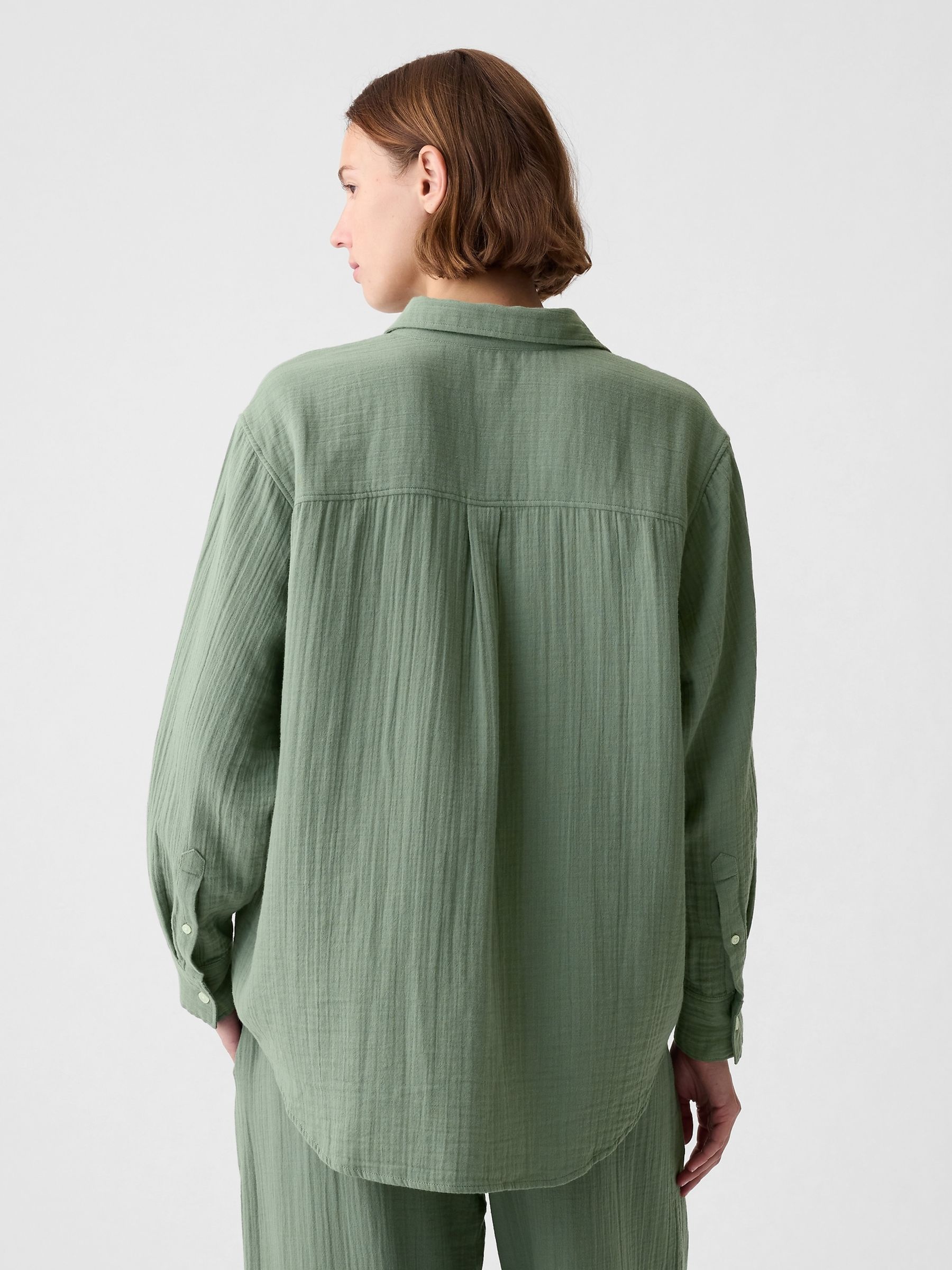Green Crinkle Cotton Long Sleeve Oversized Shirt - Image 2 of 3