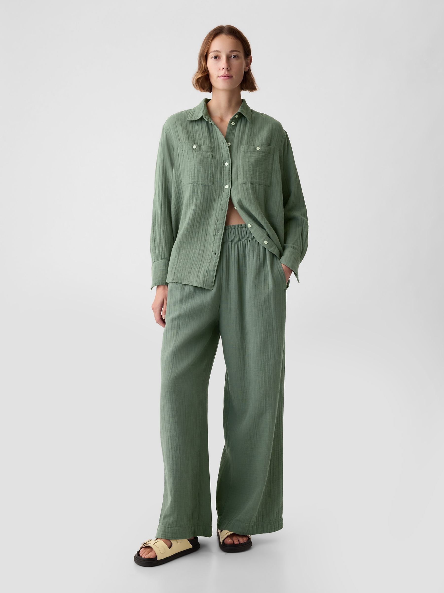 Green Crinkle Cotton Long Sleeve Oversized Shirt - Image 3 of 3