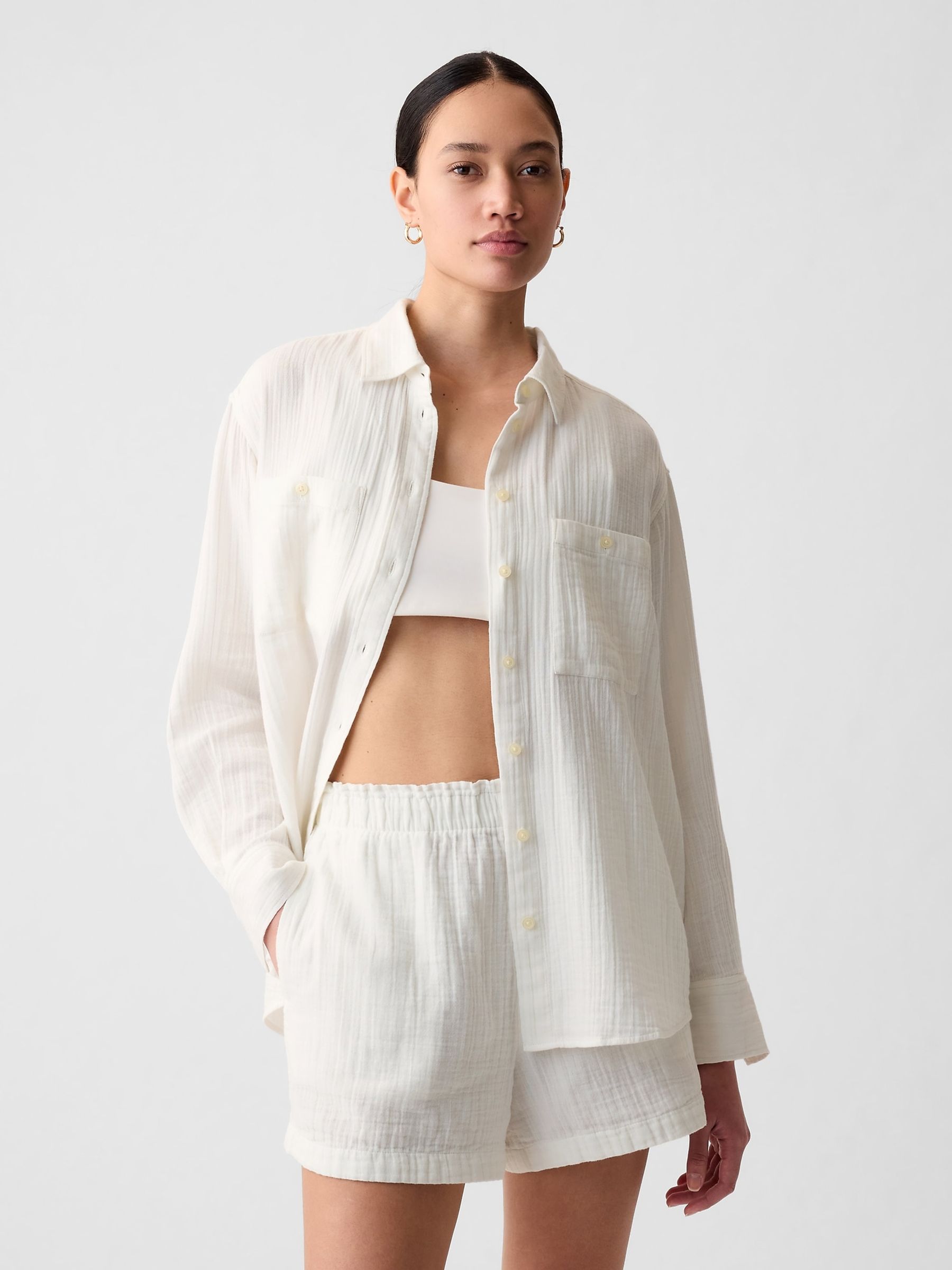 Off-White Crinkle Cotton Long Sleeve Oversized Shirt - Image 1 of 4