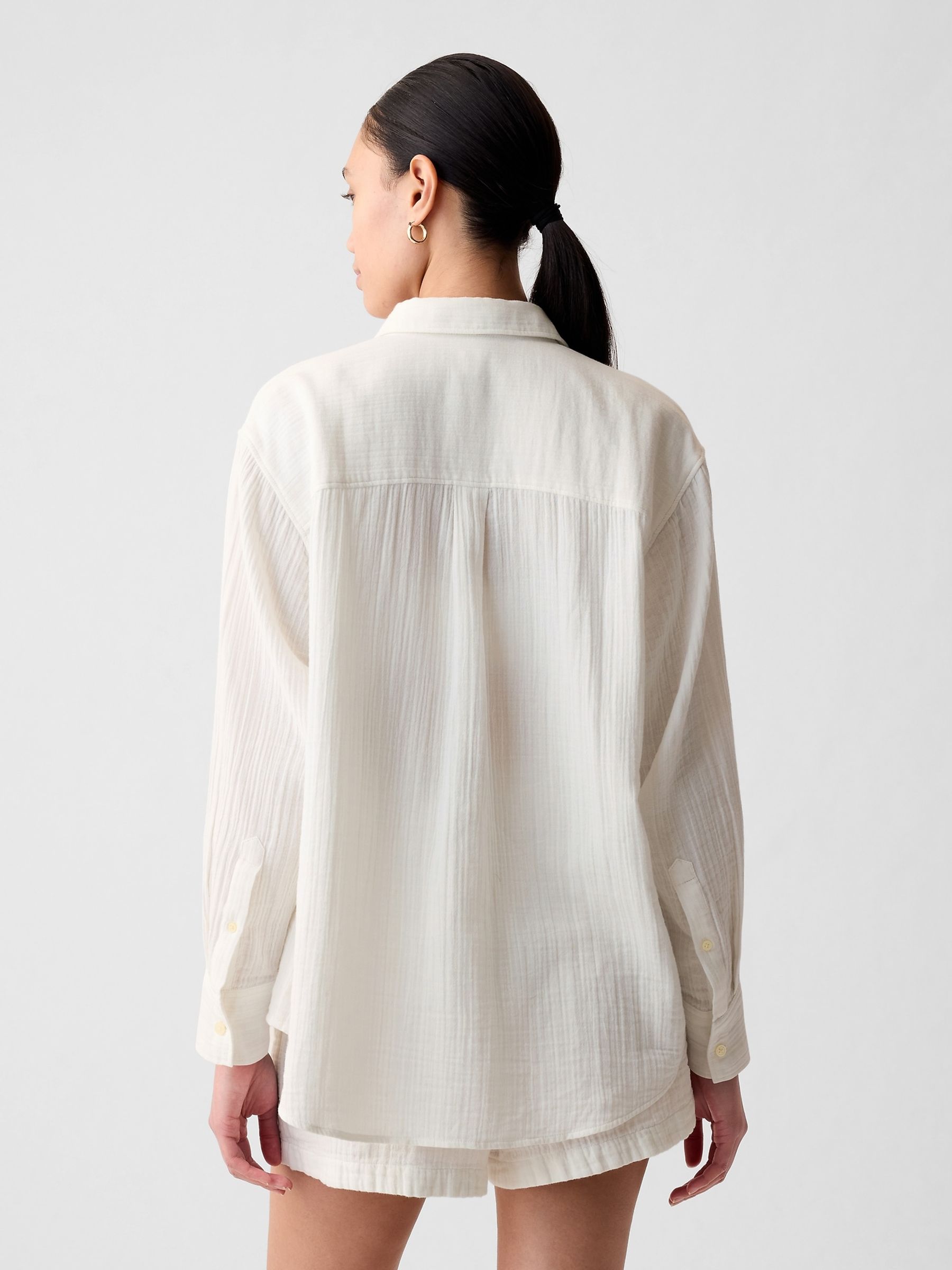 Off-White Crinkle Cotton Long Sleeve Oversized Shirt - Image 2 of 4