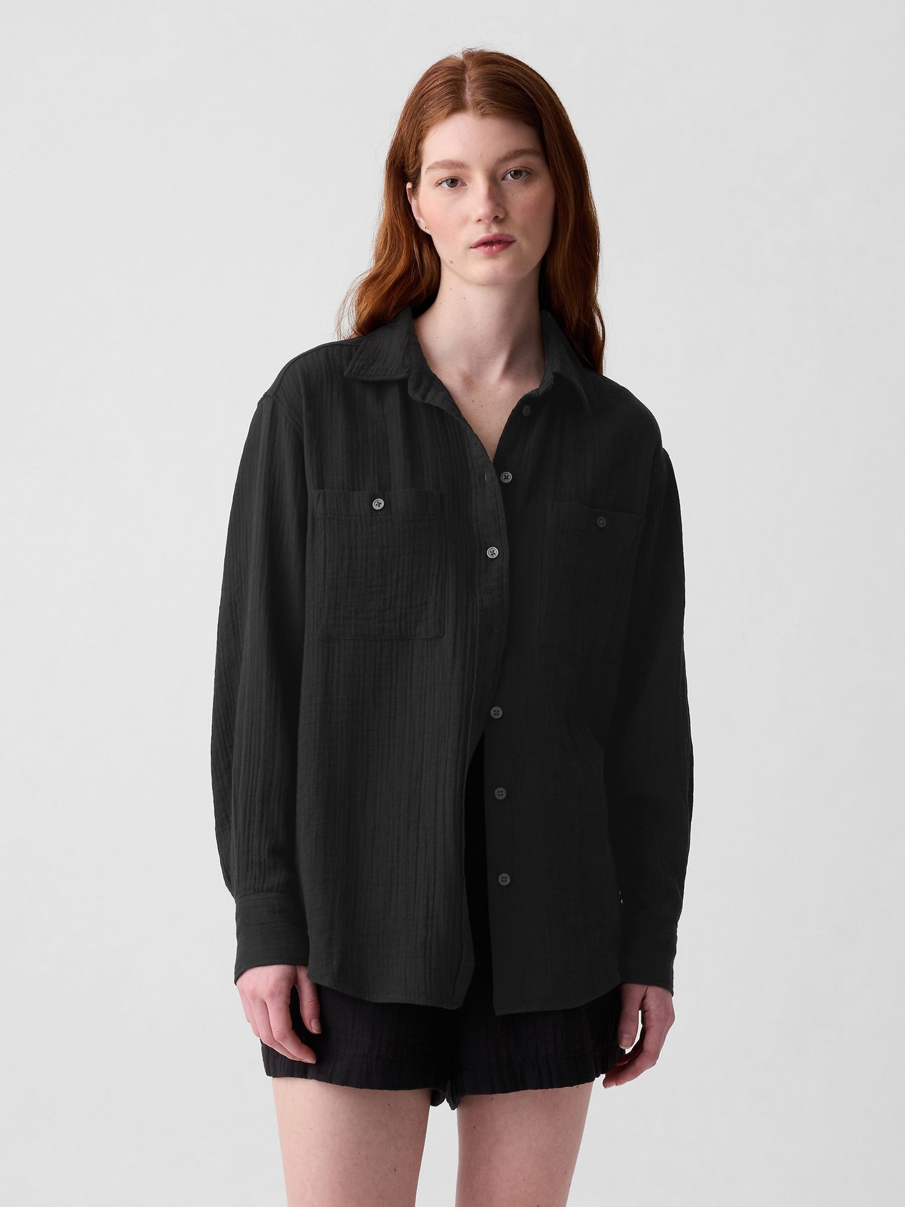 Black Crinkle Cotton Long Sleeve Oversized Shirt - Image 1 of 3