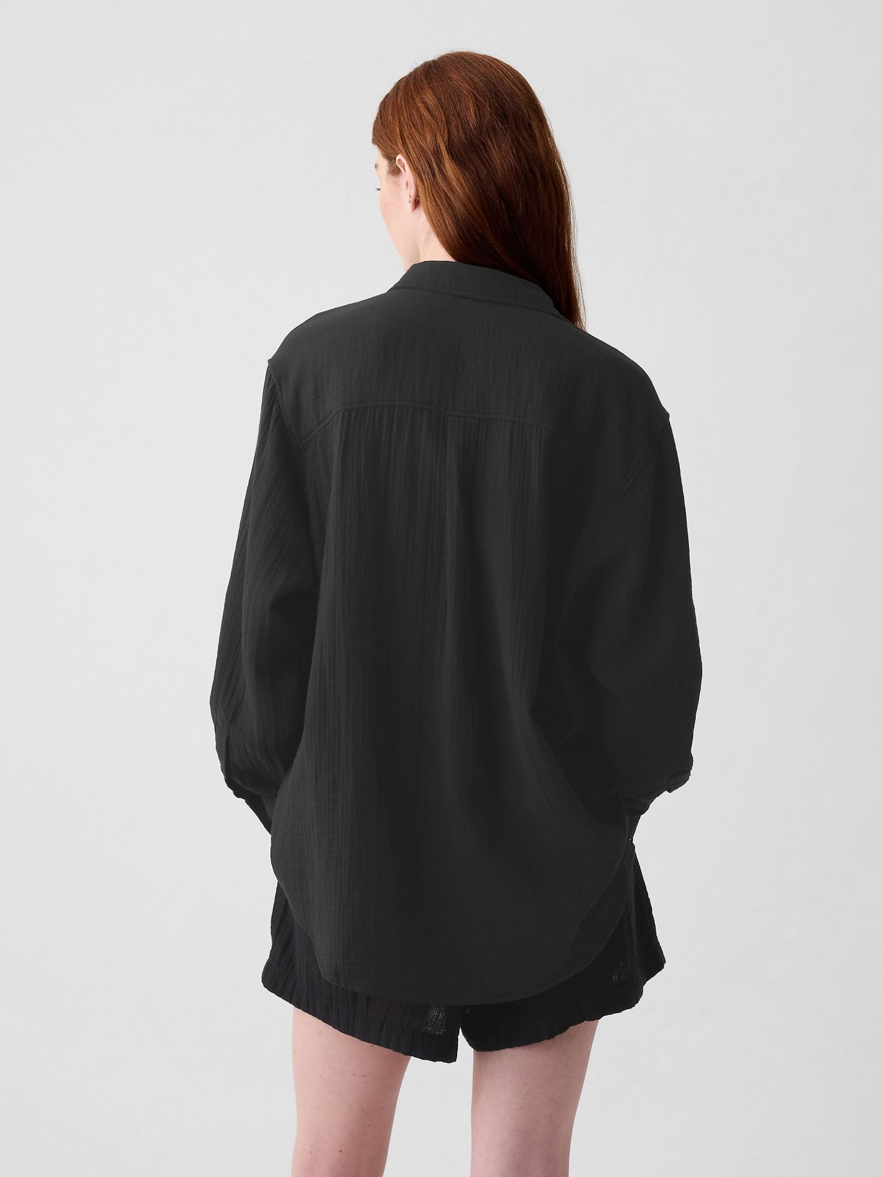 Black Crinkle Cotton Long Sleeve Oversized Shirt - Image 2 of 3