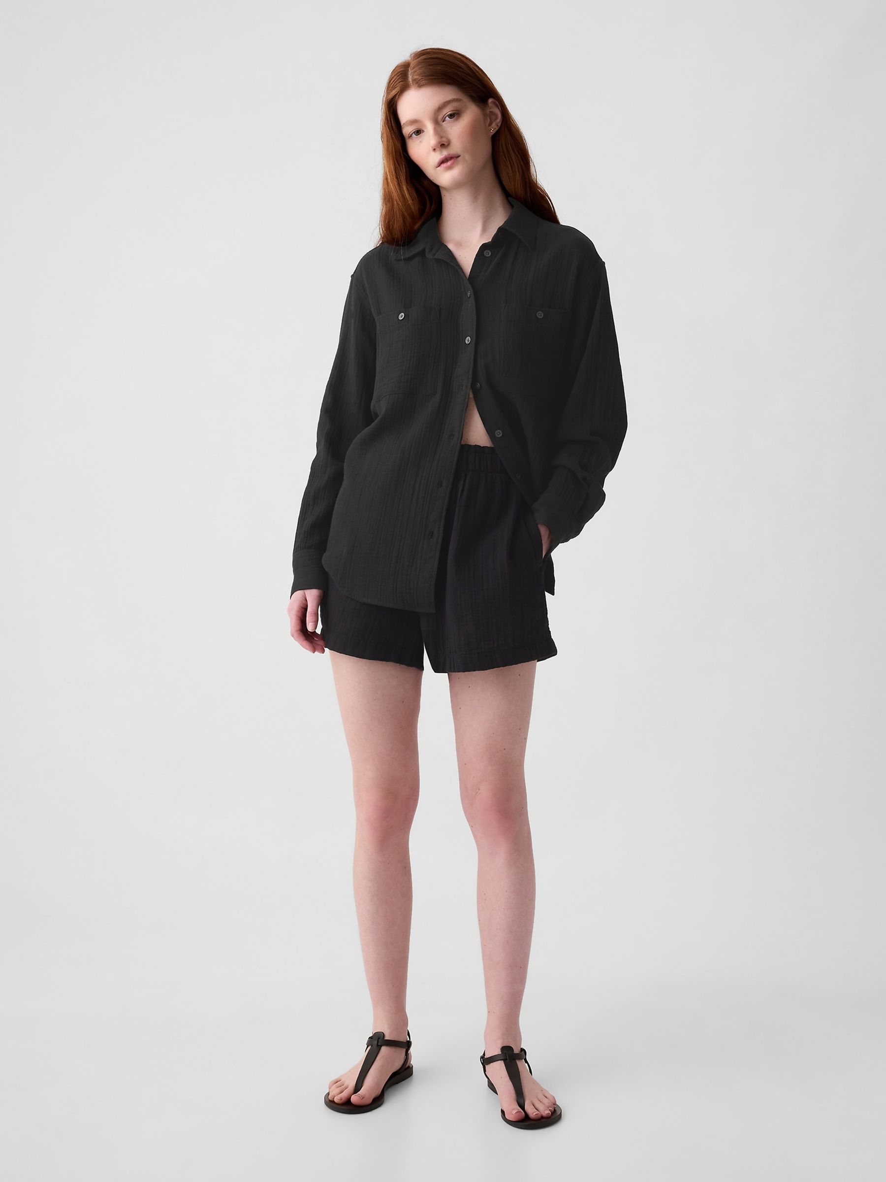 Black Crinkle Cotton Long Sleeve Oversized Shirt - Image 3 of 3