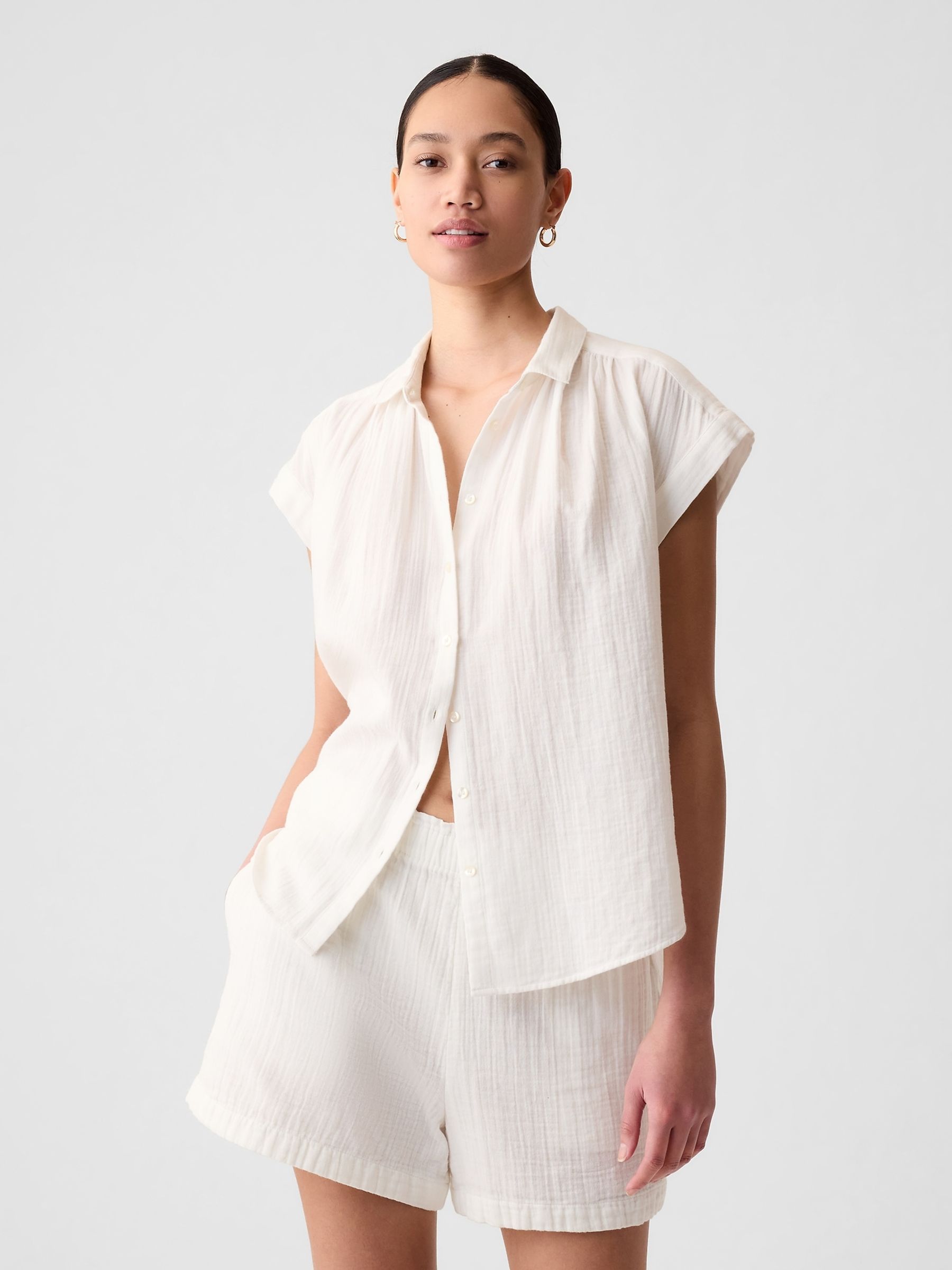 Off-White Crinkle Cotton Short Sleeve Shirt - Image 1 of 3