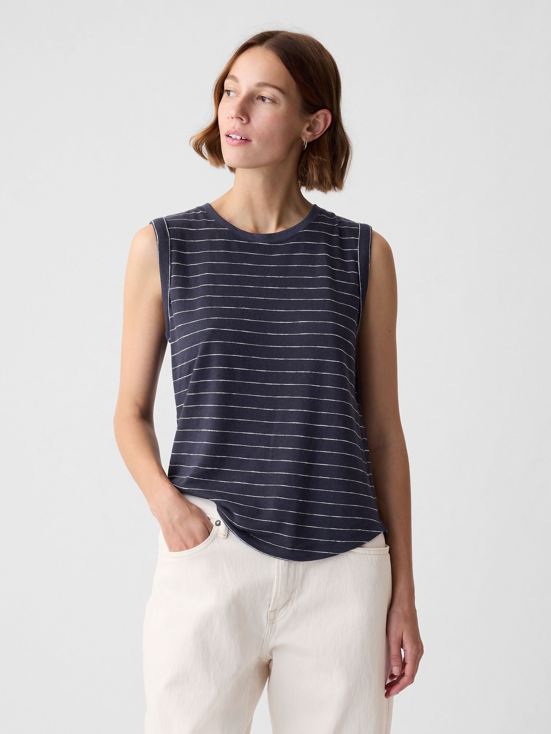 Blue Linen Blend Sleeveless Tank Top - Image 1 of 2