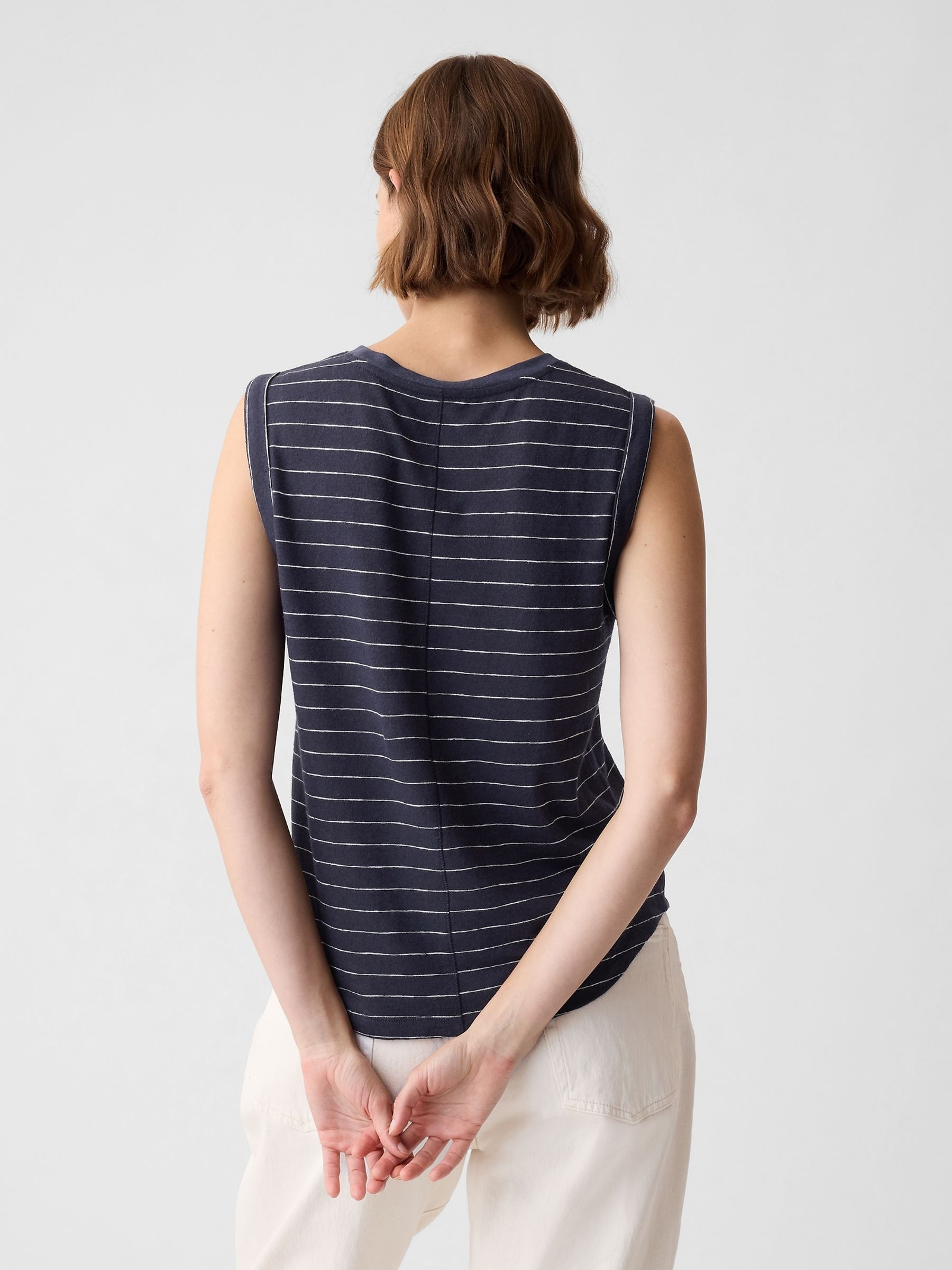 Blue Linen Blend Sleeveless Tank Top - Image 2 of 2