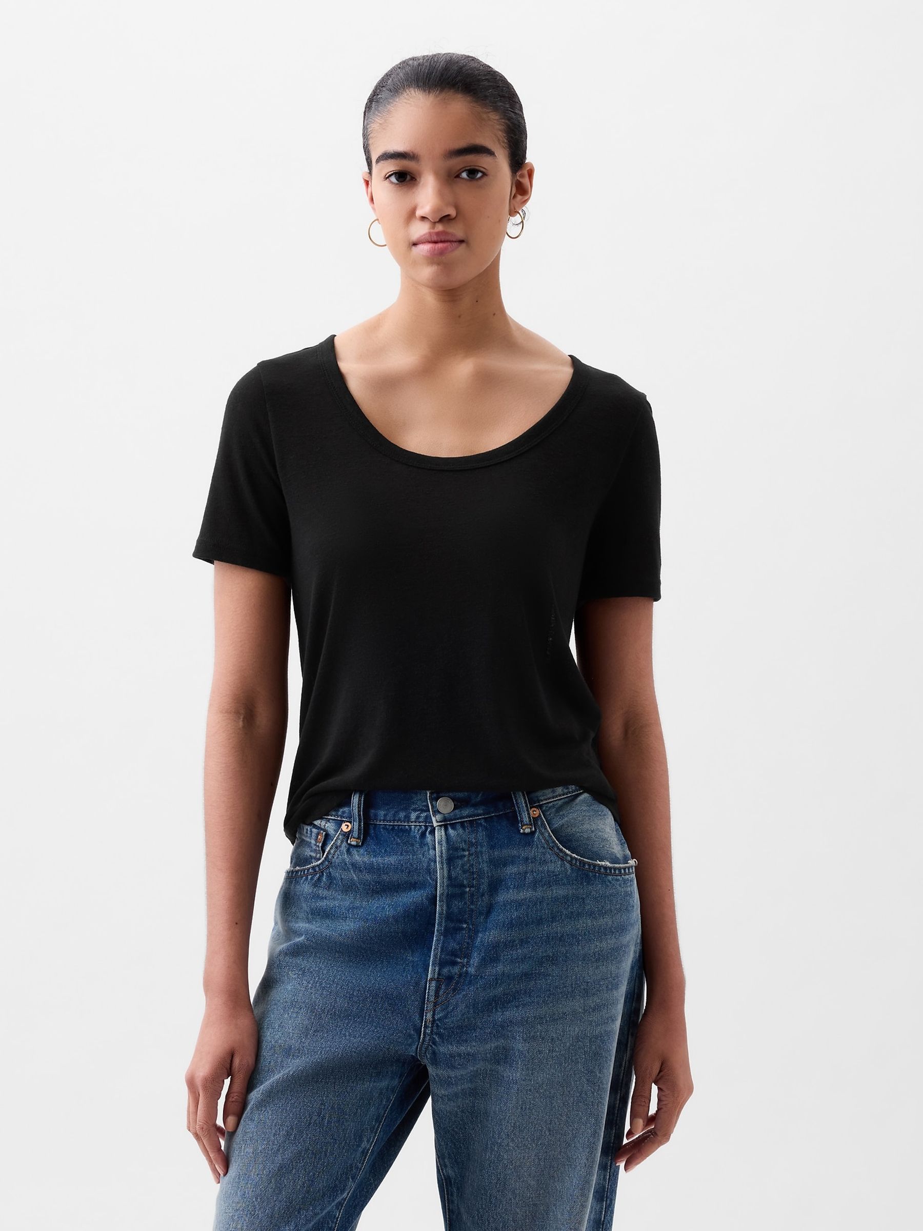 Black Linen Blend Short Sleeve Scoop Neck T-Shirt - Image 1 of 3
