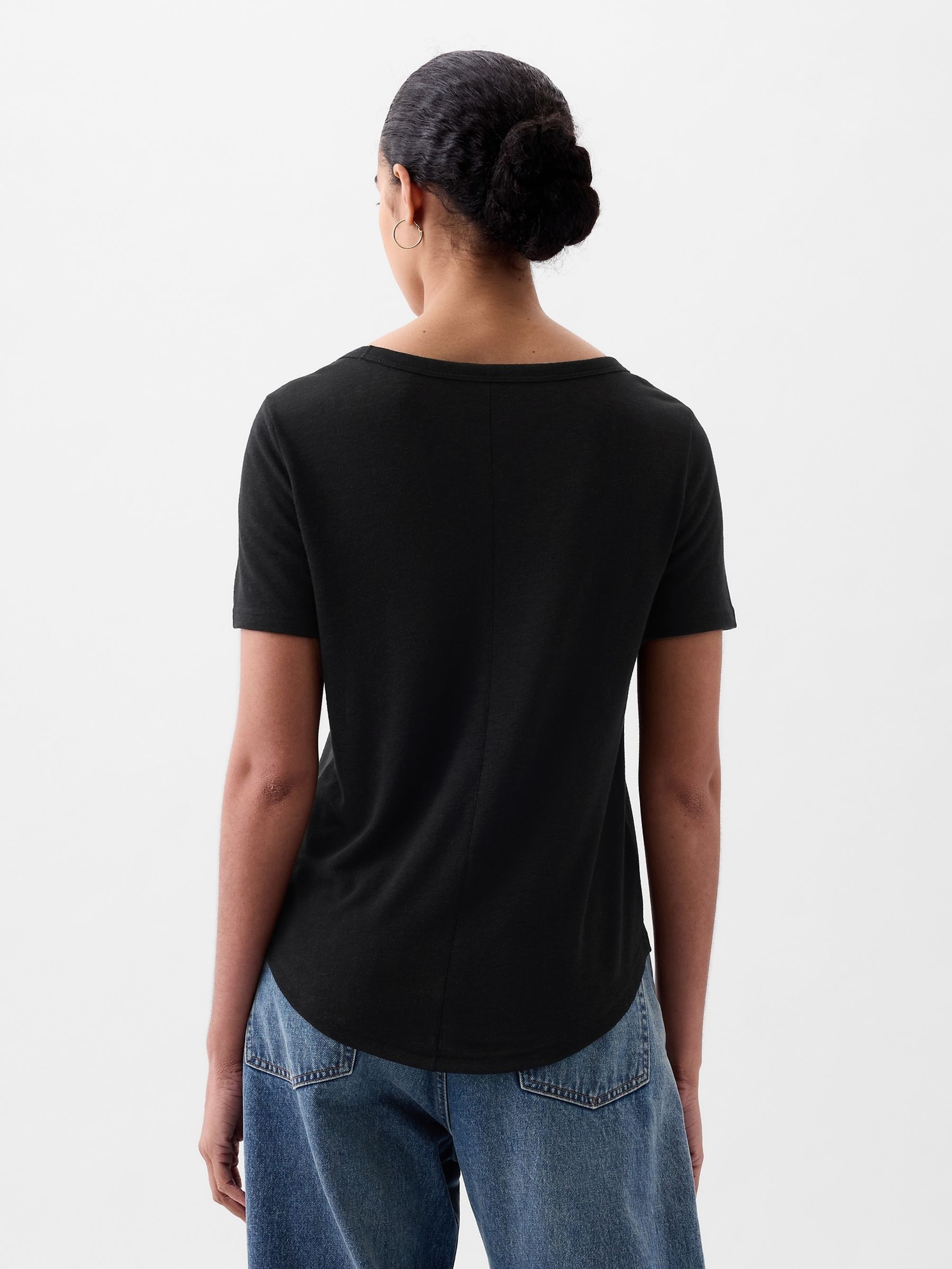 Black Linen Blend Short Sleeve Scoop Neck T-Shirt - Image 2 of 3