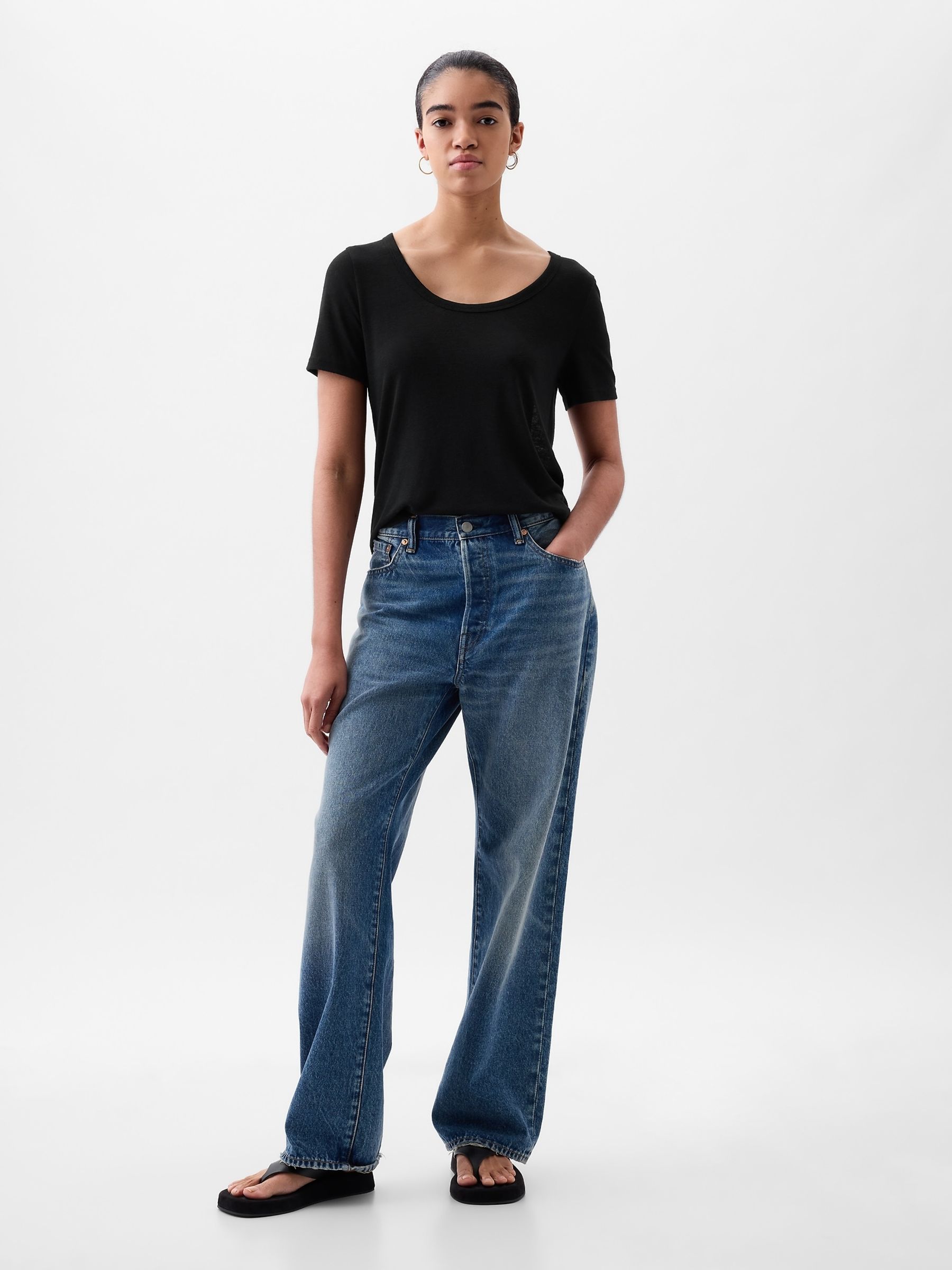 Black Linen Blend Short Sleeve Scoop Neck T-Shirt - Image 3 of 3
