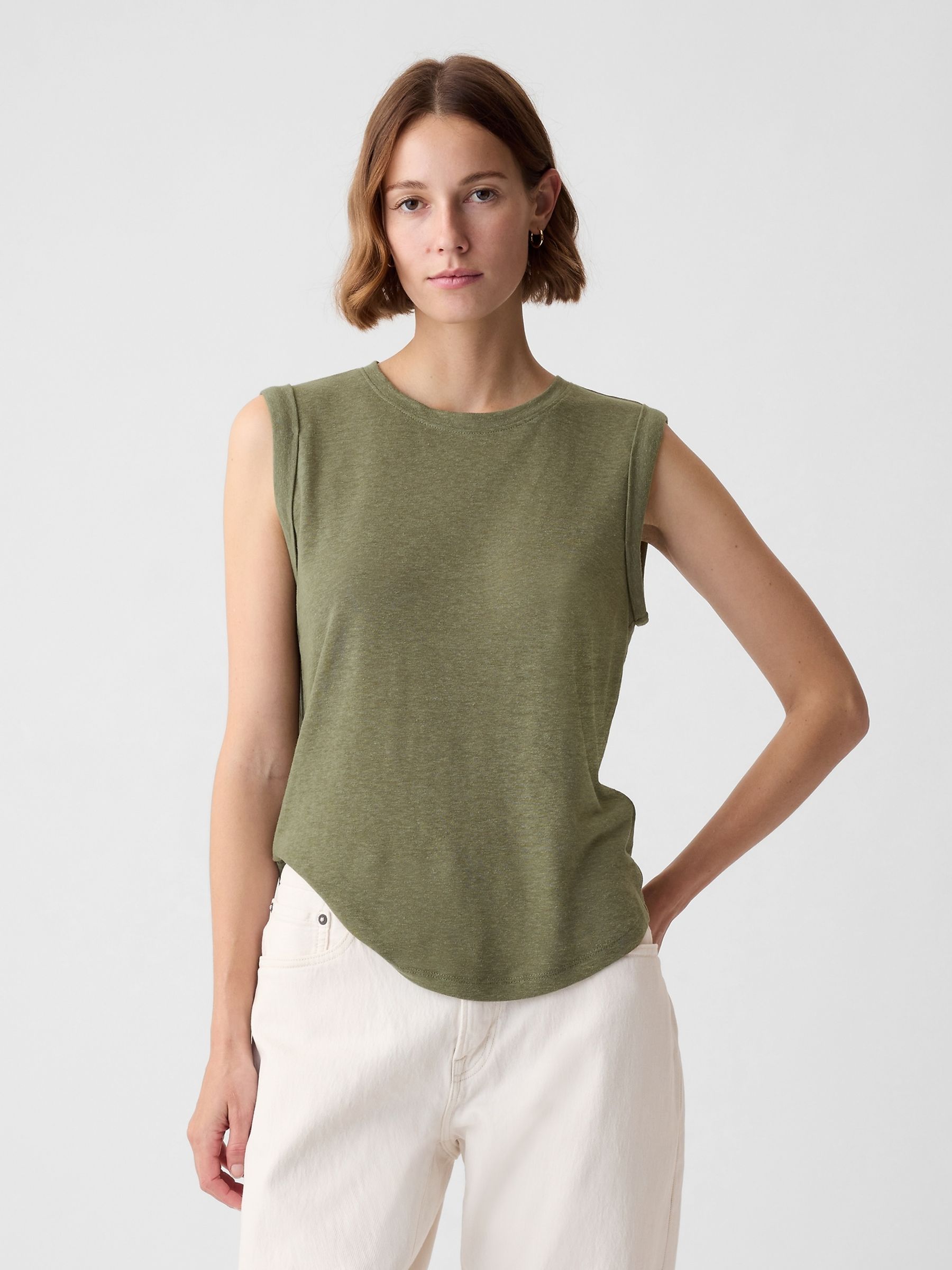 Green Linen Blend Sleeveless Tank Top - Image 1 of 2