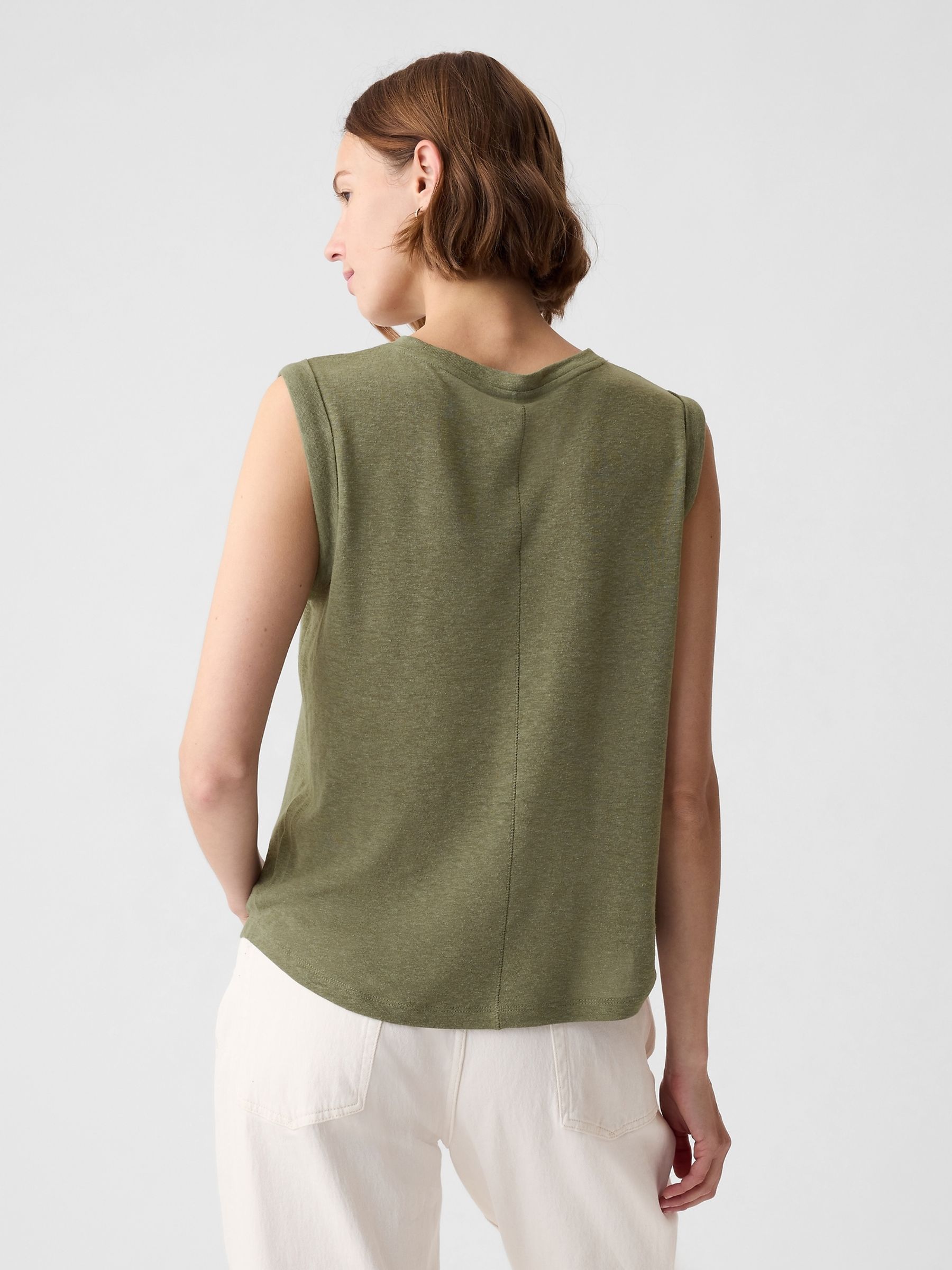 Green Linen Blend Sleeveless Tank Top - Image 2 of 2