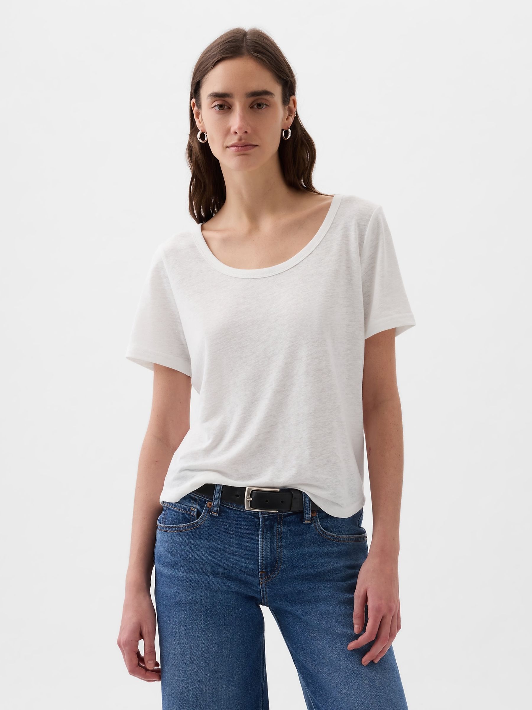 White Linen Blend Short Sleeve Scoop Neck T-Shirt - Image 1 of 3