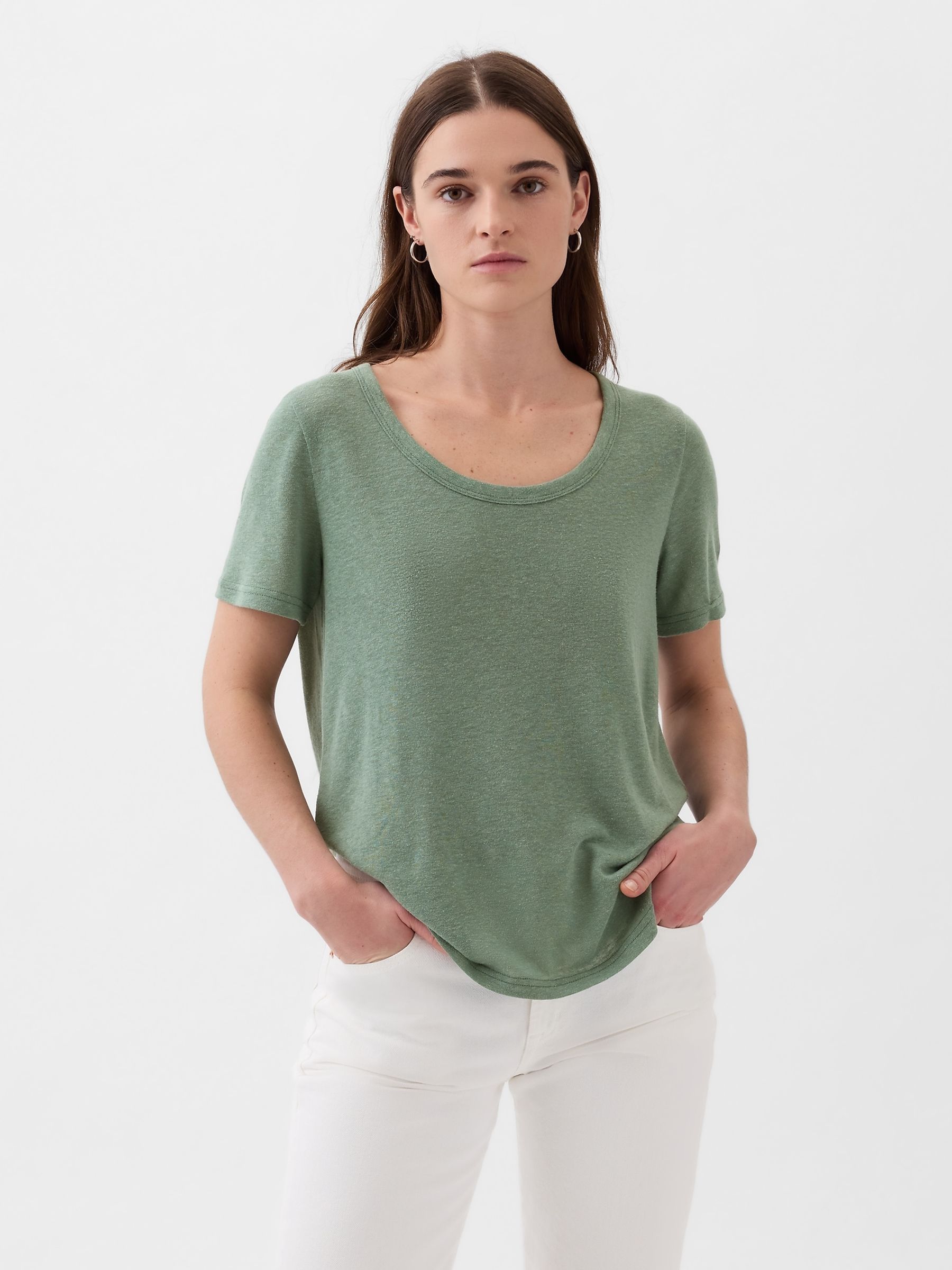 Green Linen Blend Short Sleeve Scoop Neck T-Shirt - Image 1 of 4