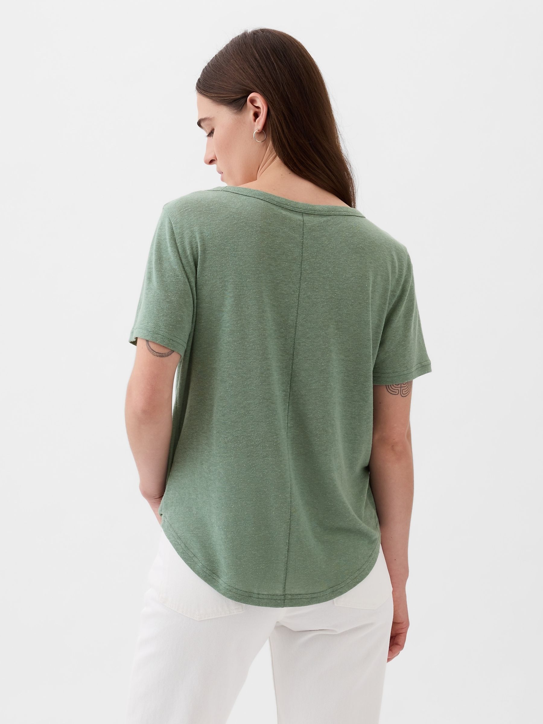Green Linen Blend Short Sleeve Scoop Neck T-Shirt - Image 2 of 4