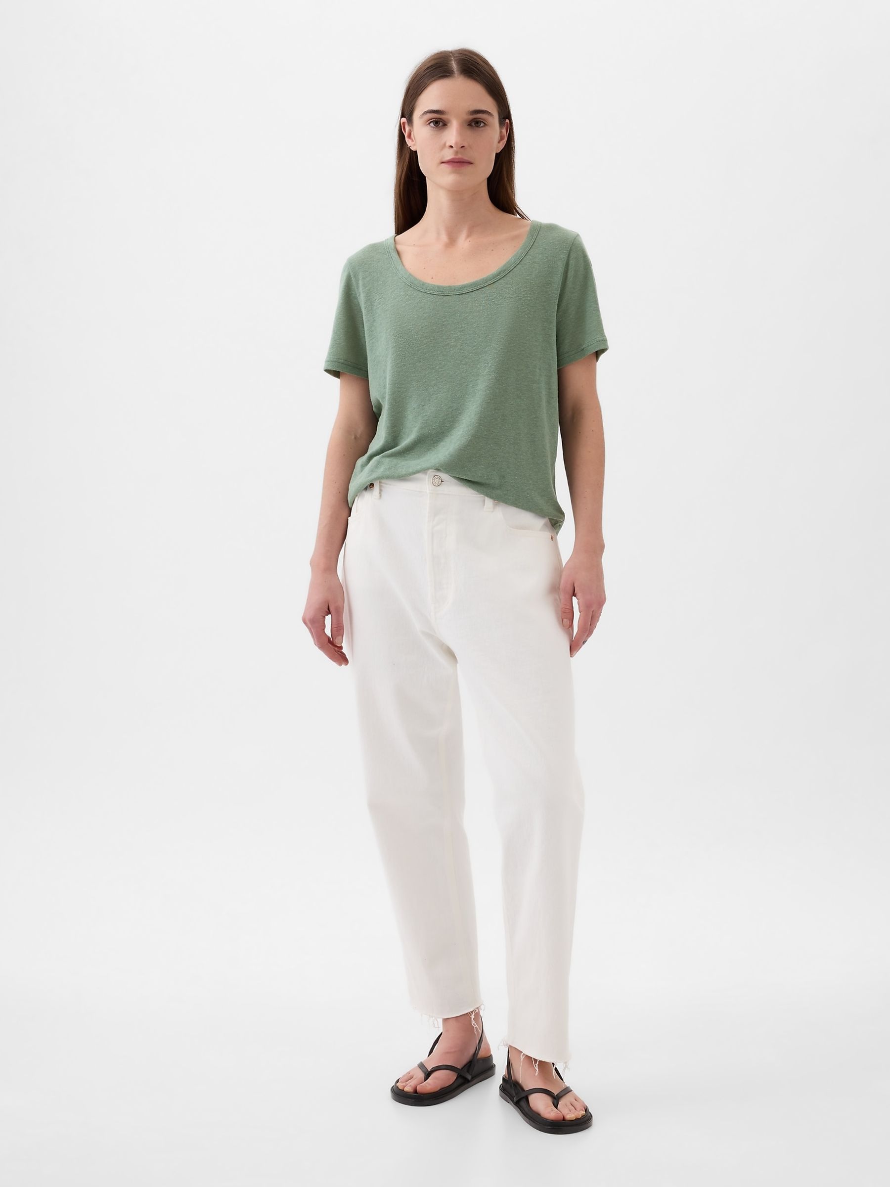 Green Linen Blend Short Sleeve Scoop Neck T-Shirt - Image 3 of 4