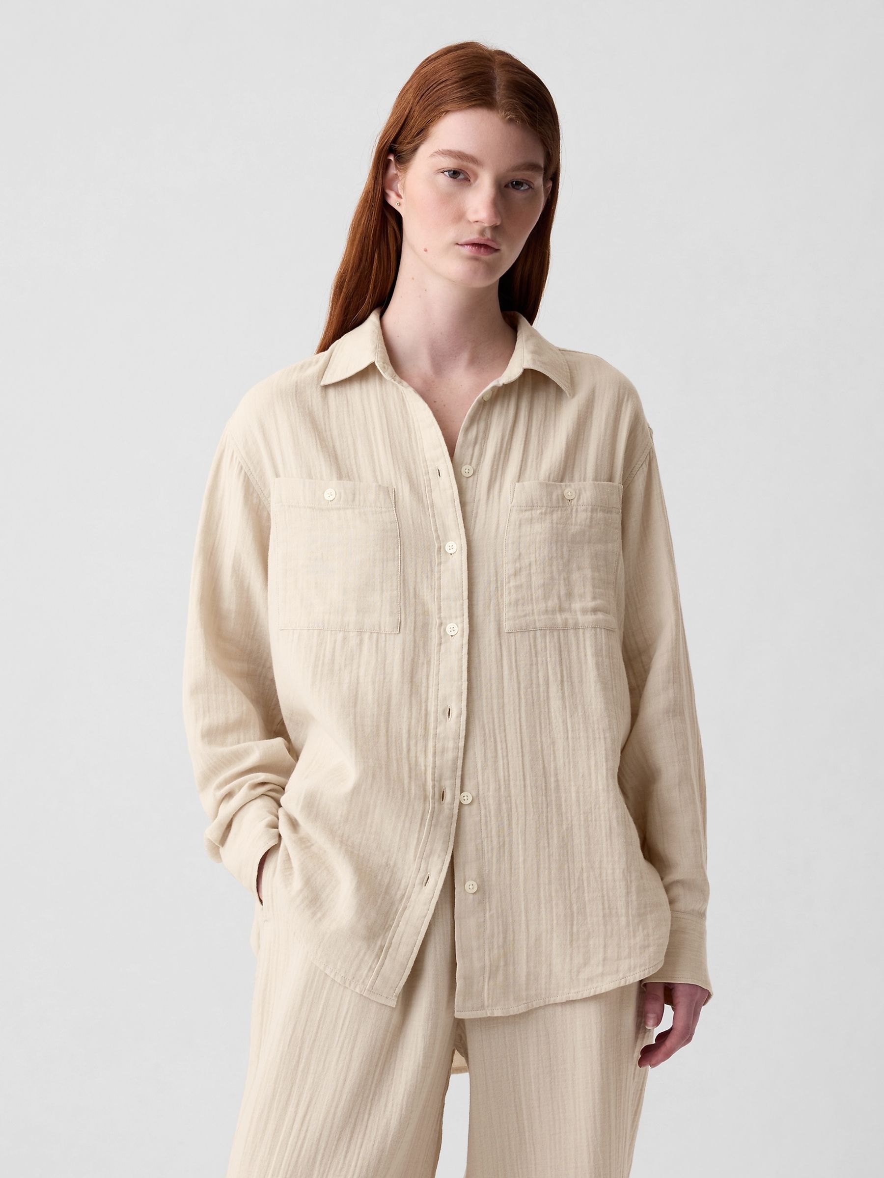 Beige Crinkle Cotton Long Sleeve Oversized Shirt - Image 1 of 3
