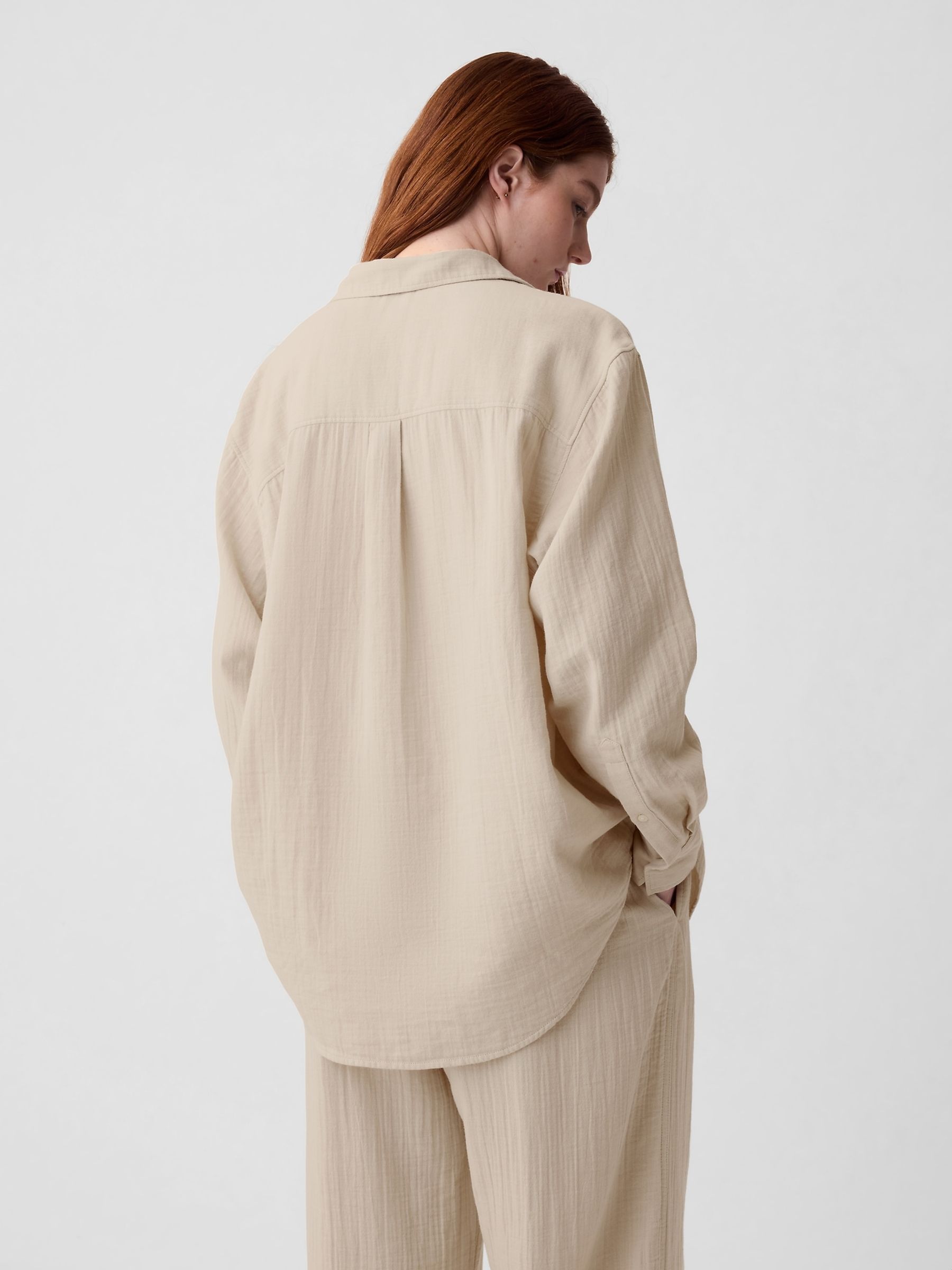Beige Crinkle Cotton Long Sleeve Oversized Shirt - Image 2 of 3