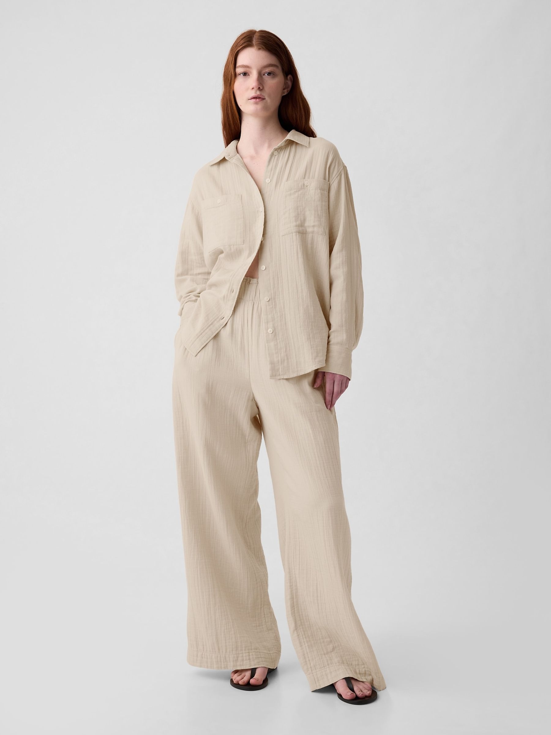 Beige Crinkle Cotton Long Sleeve Oversized Shirt - Image 3 of 3