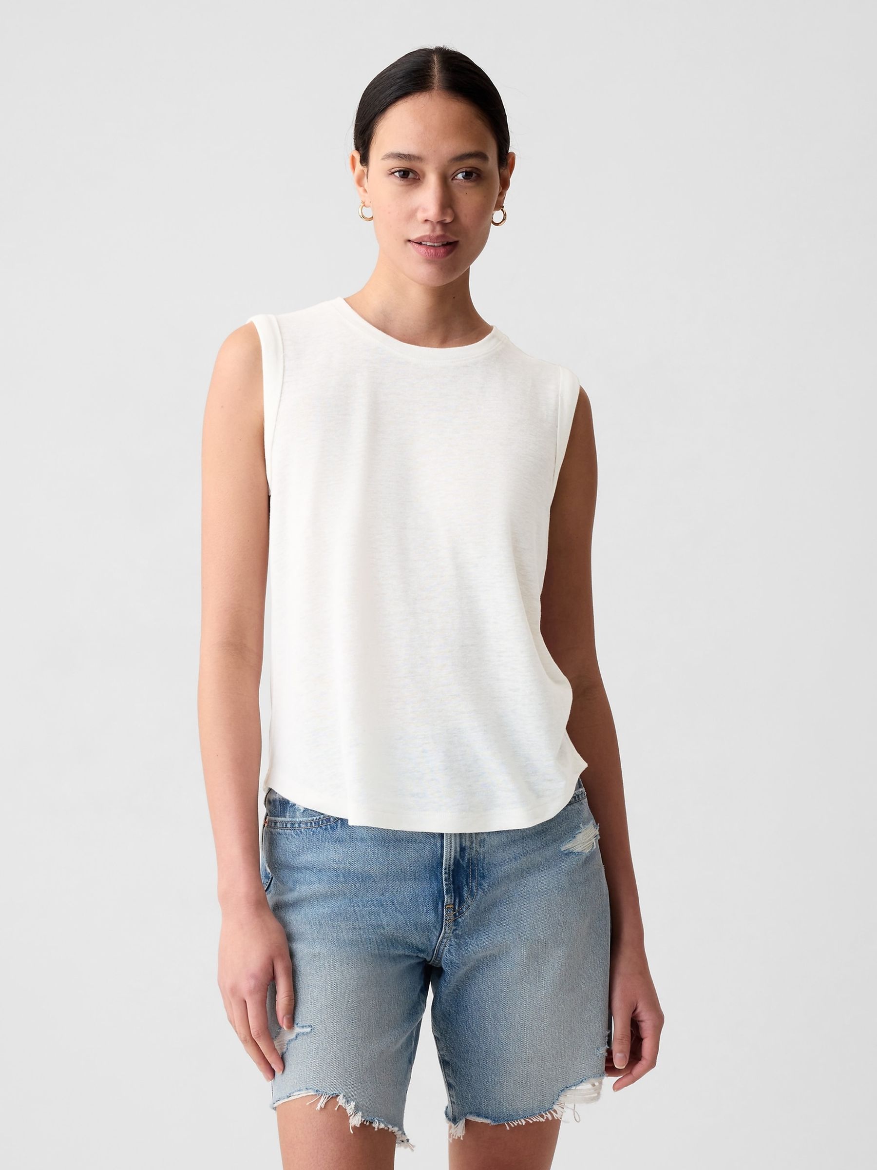 White Linen Blend Sleeveless Tank Top - Image 1 of 2