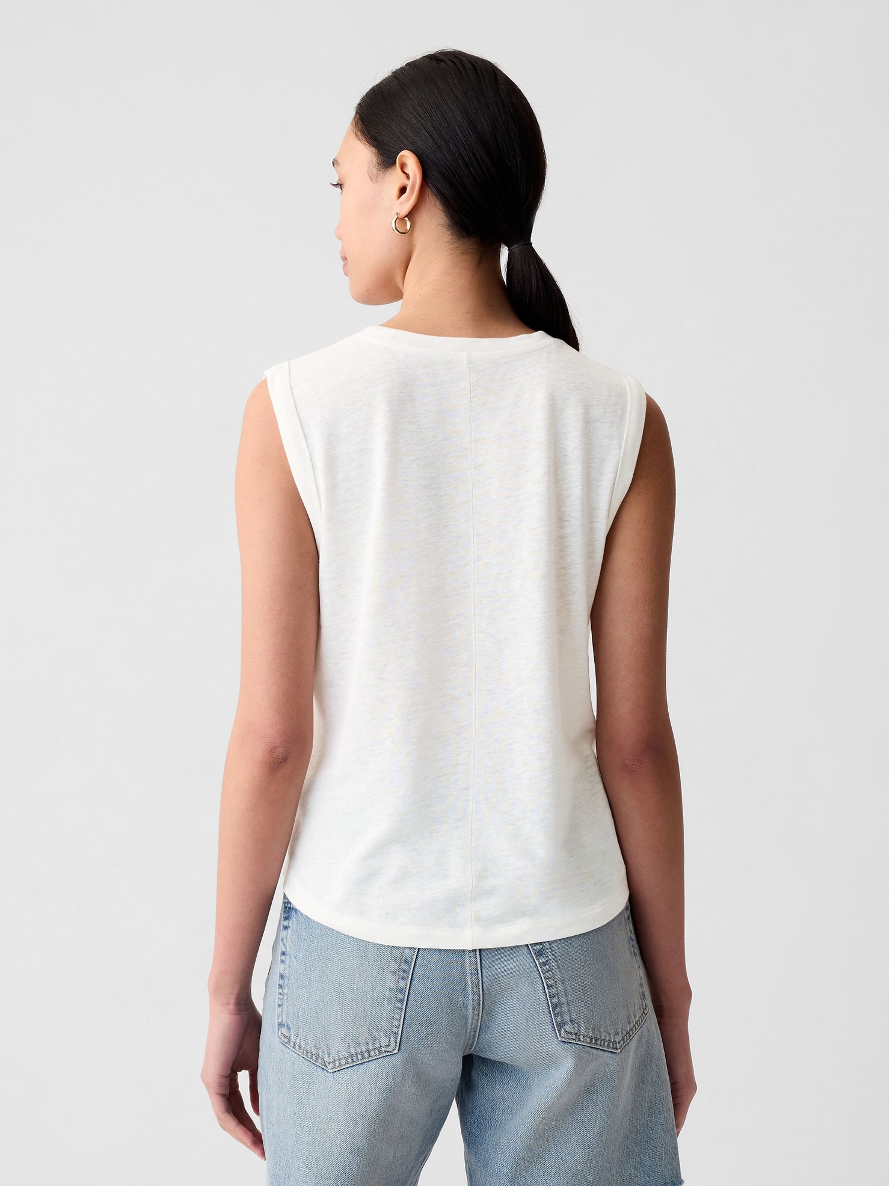 White Linen Blend Sleeveless Tank Top - Image 2 of 2