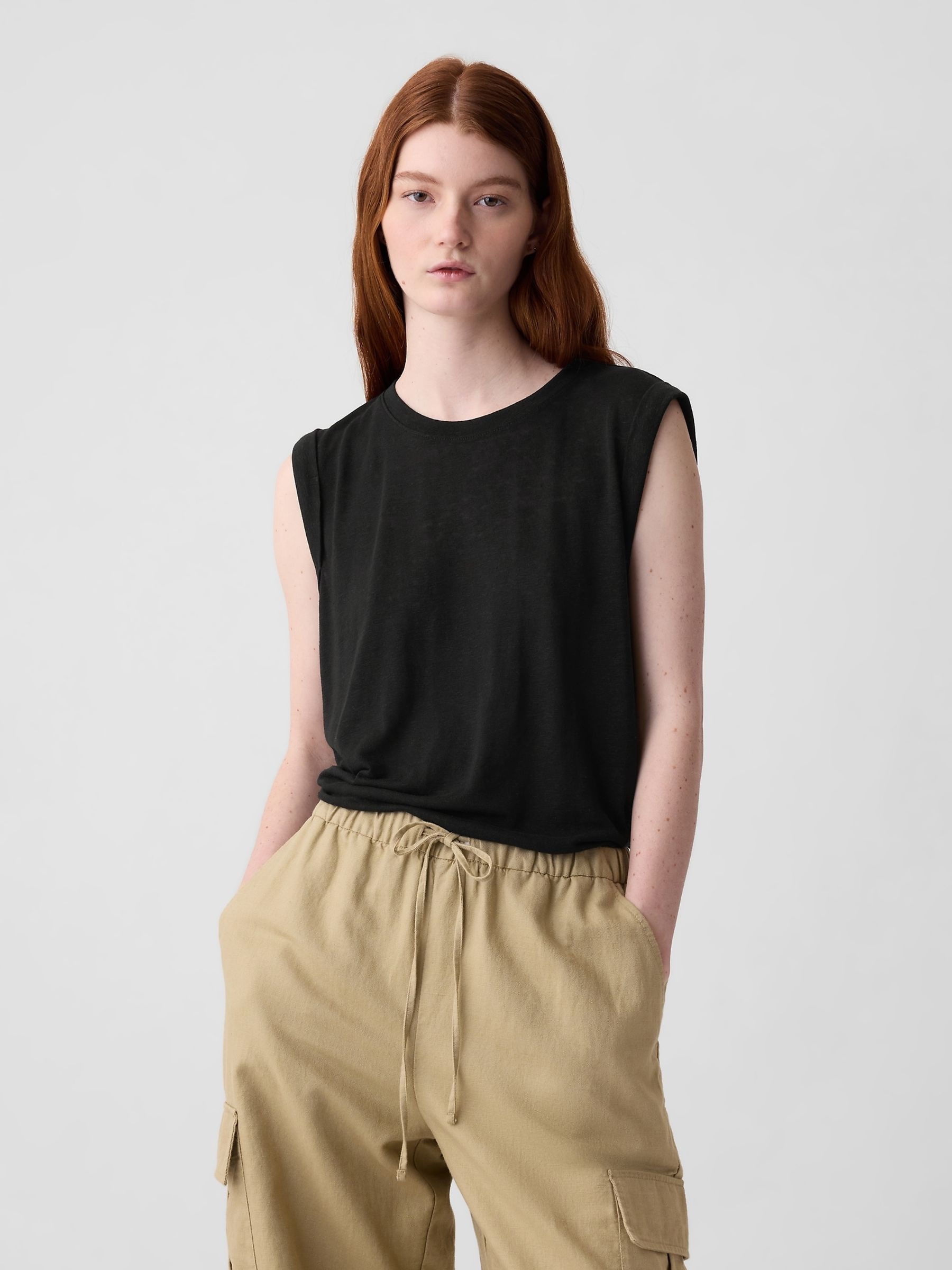 Black Linen Blend Sleeveless Tank Top - Image 1 of 2