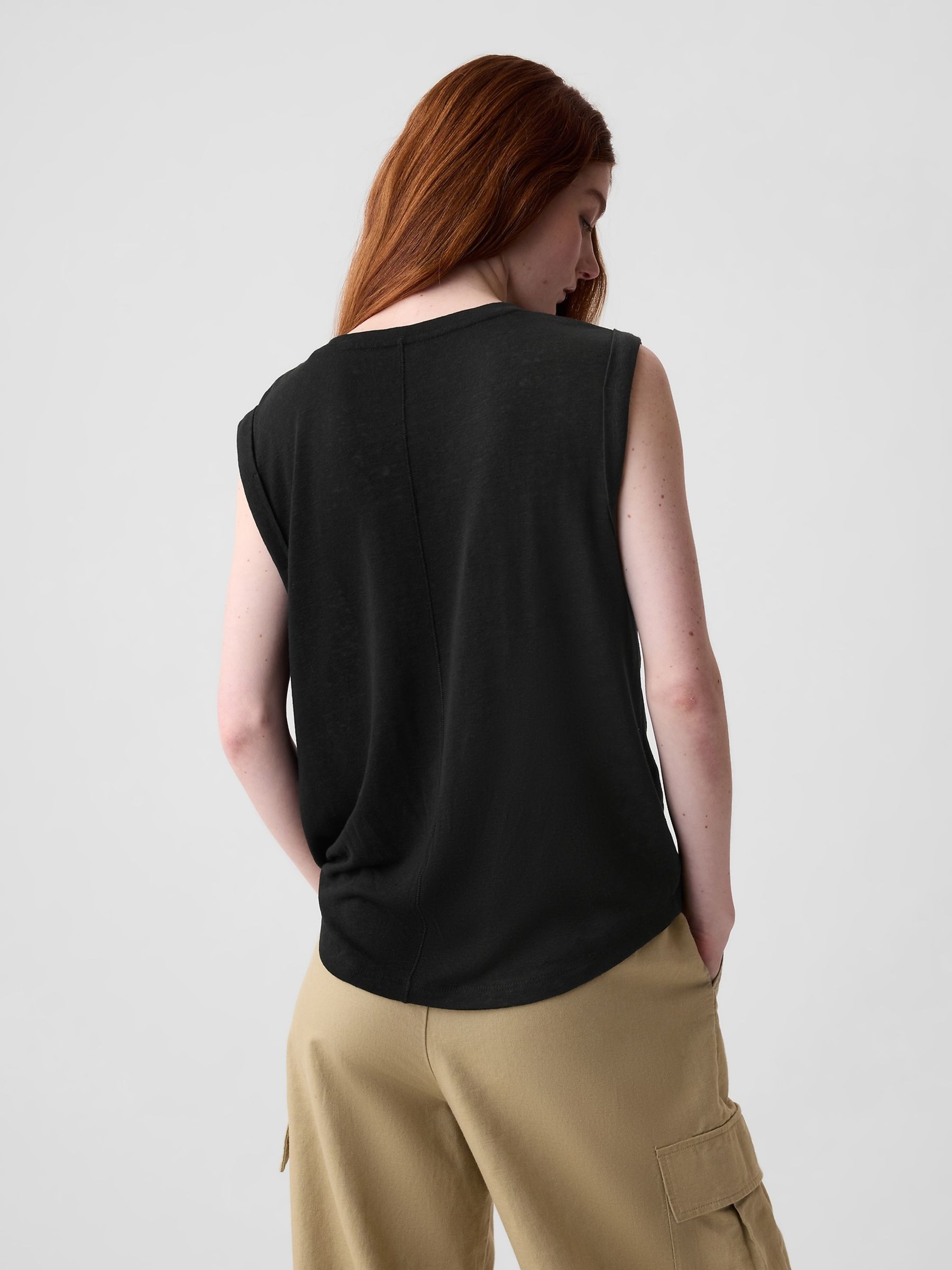 Black Linen Blend Sleeveless Tank Top - Image 2 of 2