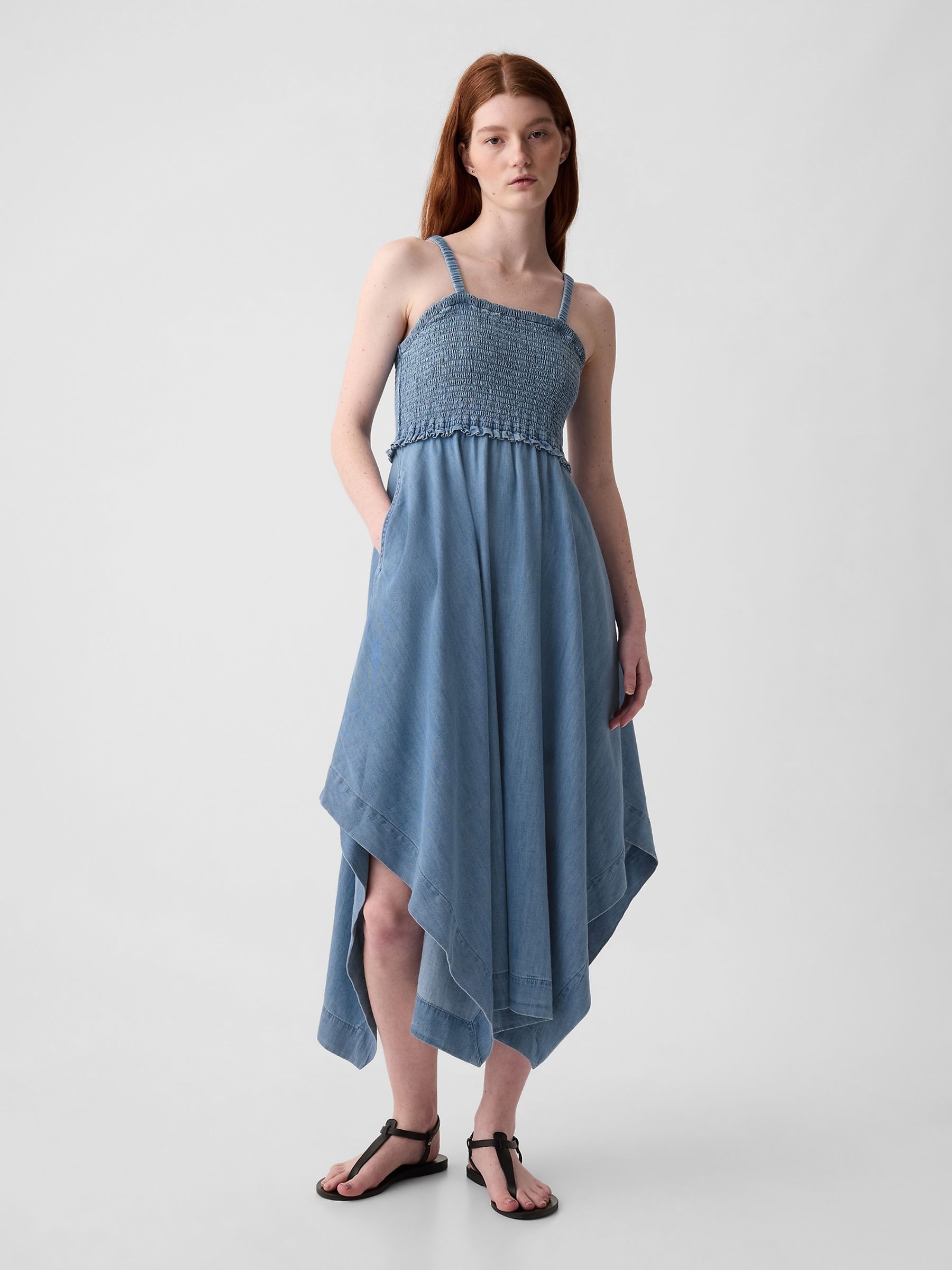 Blue Smocked Handkerchief Hem Midi Dress - Image 1 of 3