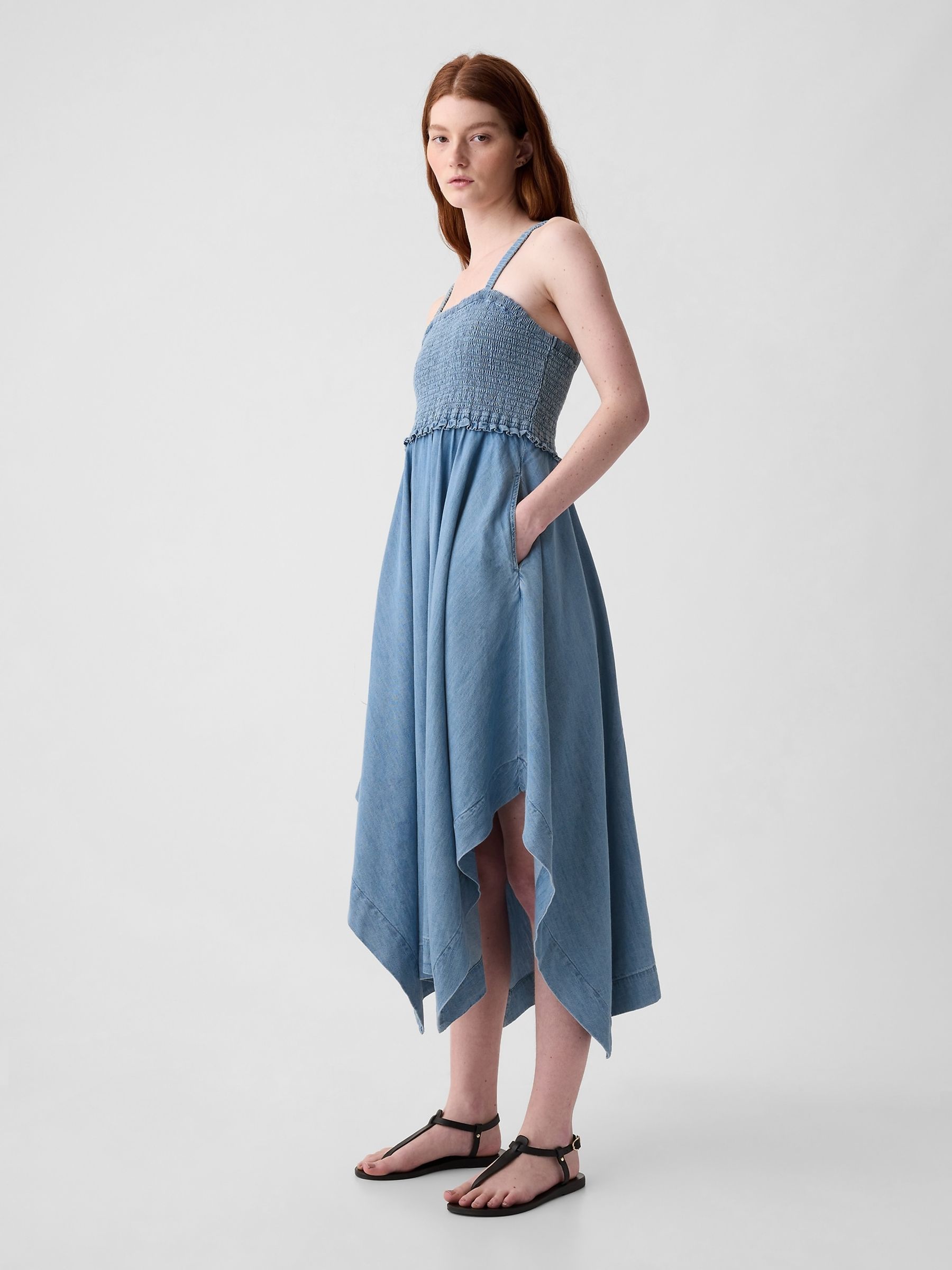 Blue Smocked Handkerchief Hem Midi Dress - Image 3 of 3