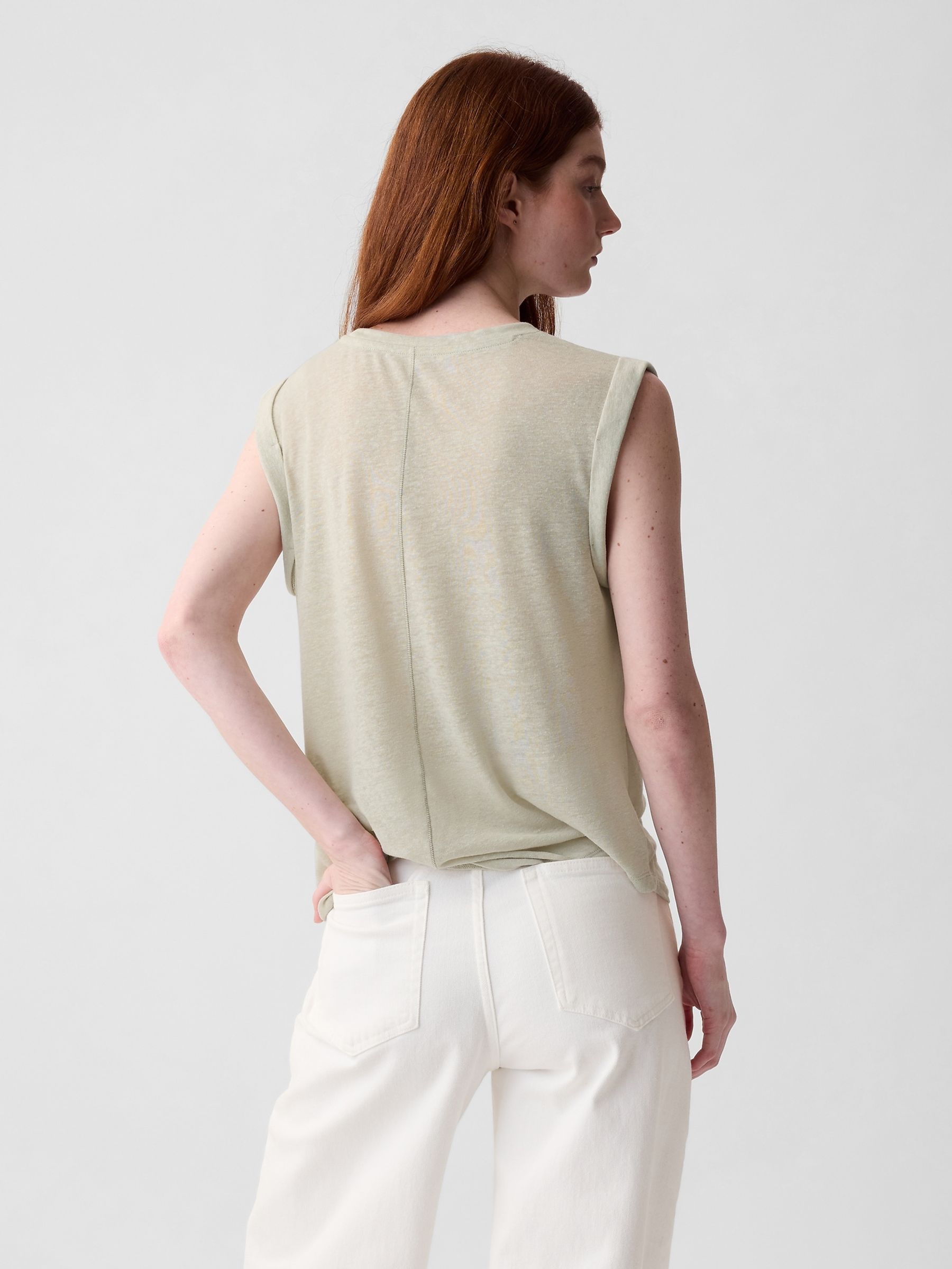 Neutral Linen Blend Sleeveless Tank Top - Image 2 of 2