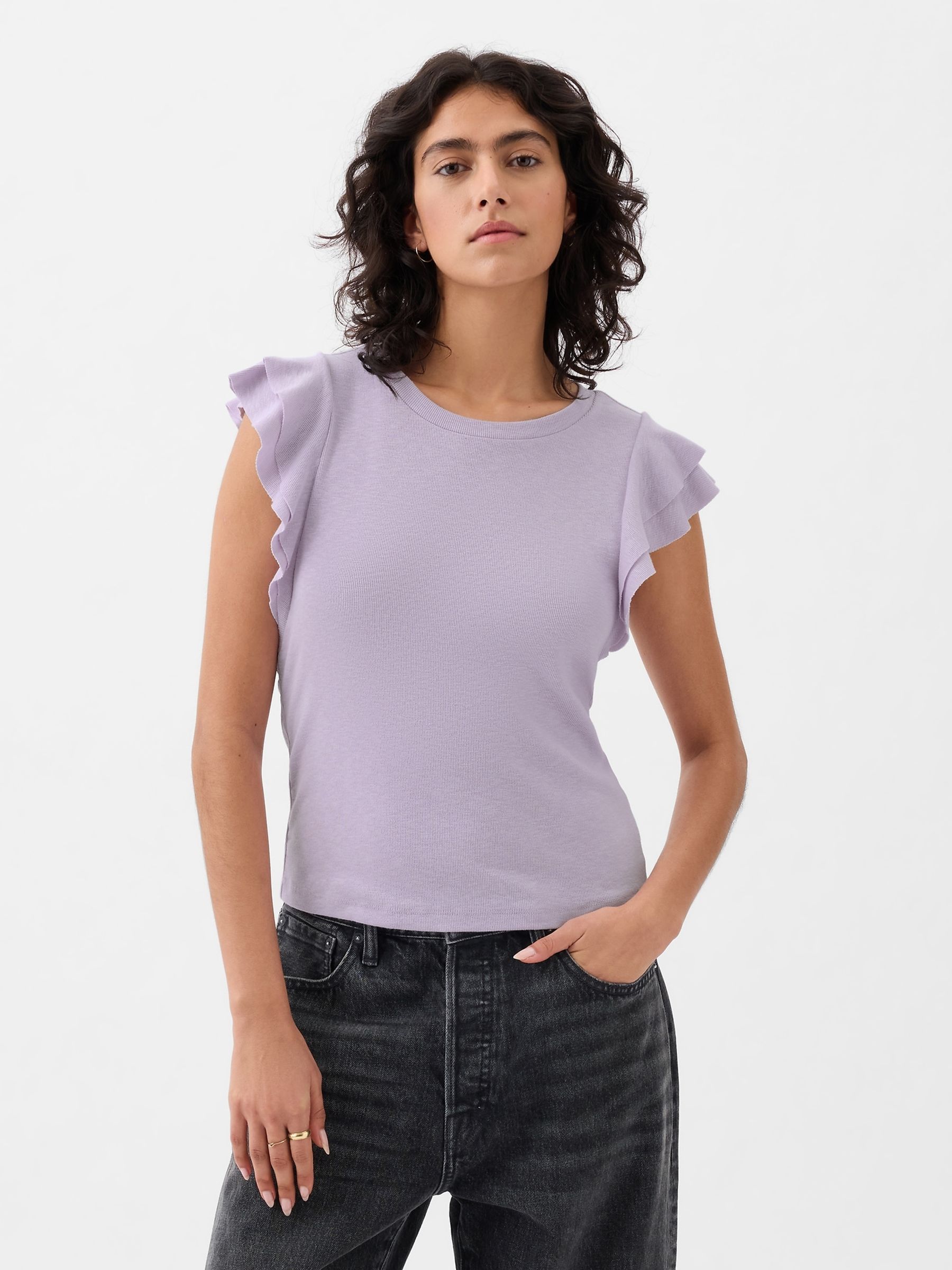 Purple Essential Ribbed Flutter Sleeve Crew Neck T-Shirt - Image 1 of 2