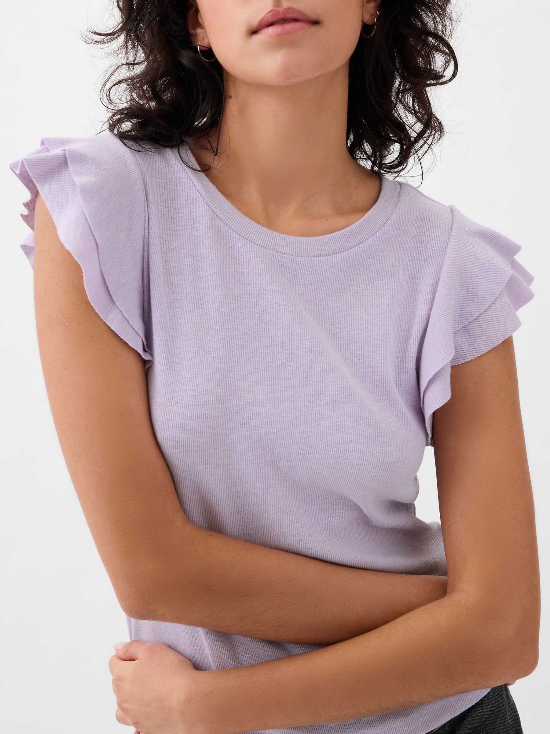 Purple Essential Ribbed Flutter Sleeve Crew Neck T-Shirt - Image 2 of 2